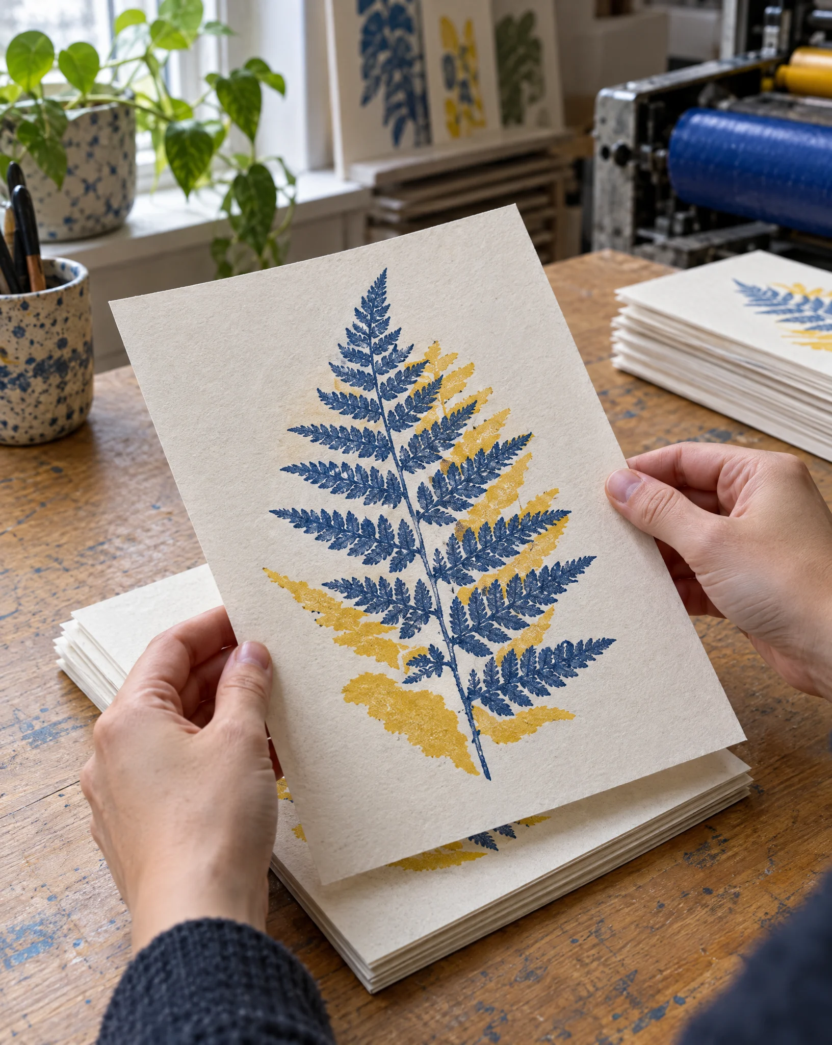 Two hands lift a fresh blue and mustard fern print from a stack on a wooden print-studio table