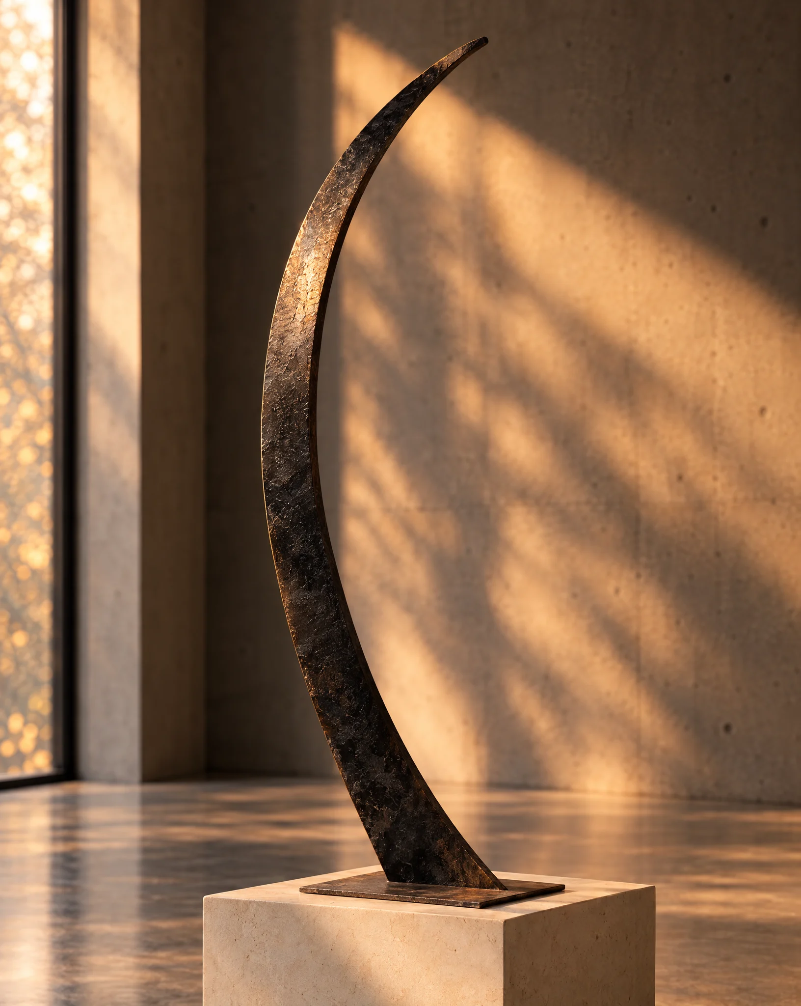 A tall arc of blackened steel rising from a limestone plinth in warm gallery light