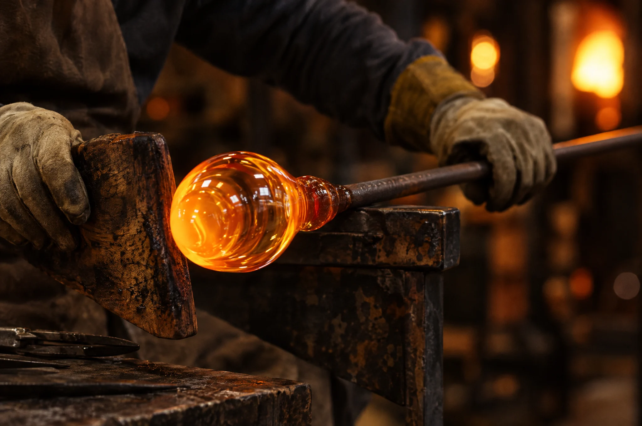 A glassblower turning a glowing gather of glass at the furnace