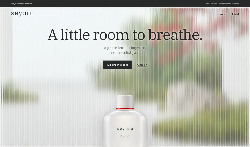 Seyoru, a fictional brand website using Fluted Glass