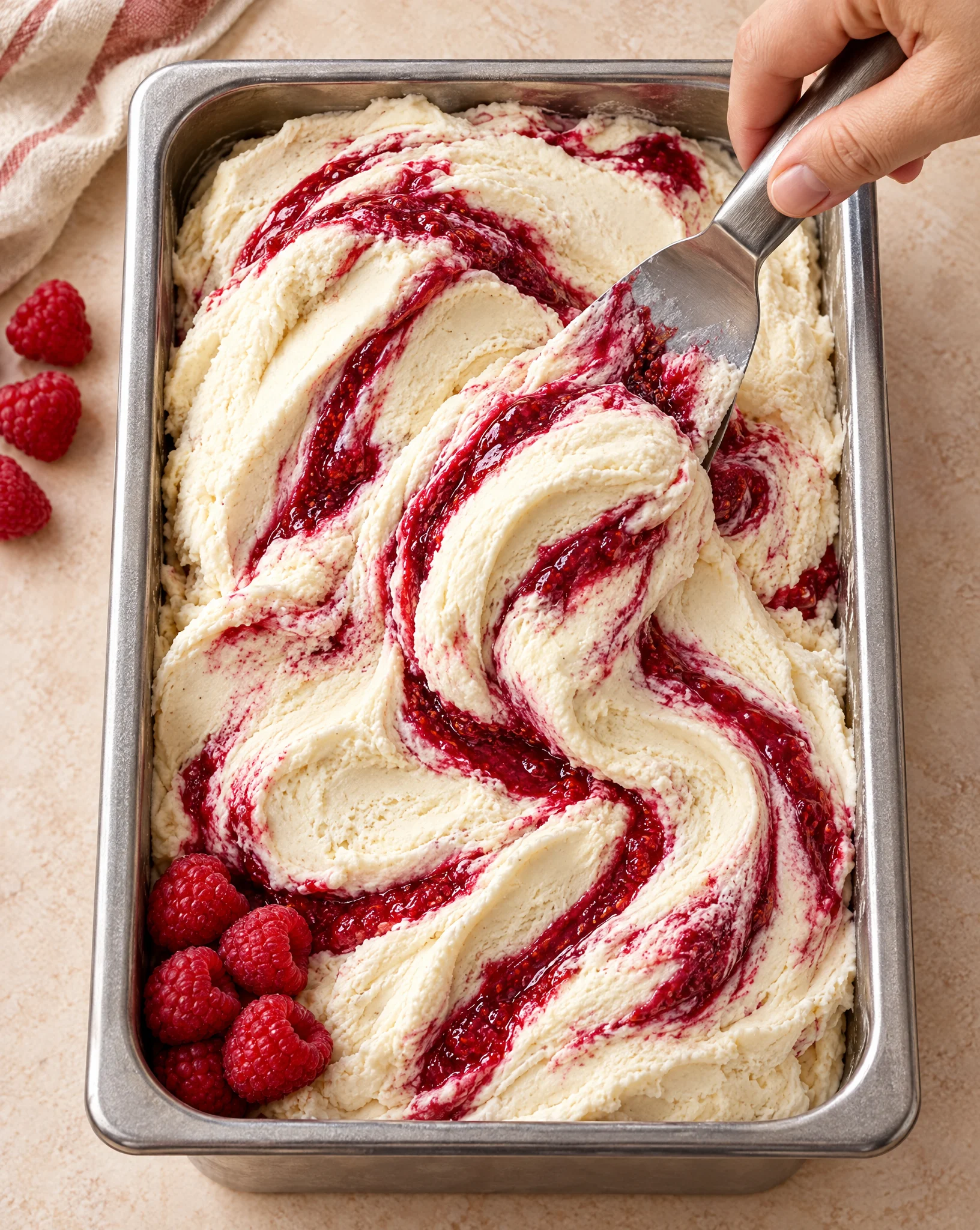 A hand folding raspberry sauce through vanilla gelato in a steel pan, with fresh raspberries beside it