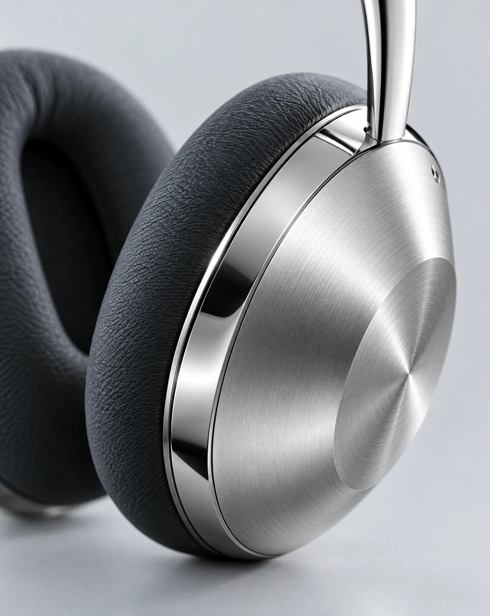 Close view of a brushed silver ear cup meeting a charcoal lambskin cushion