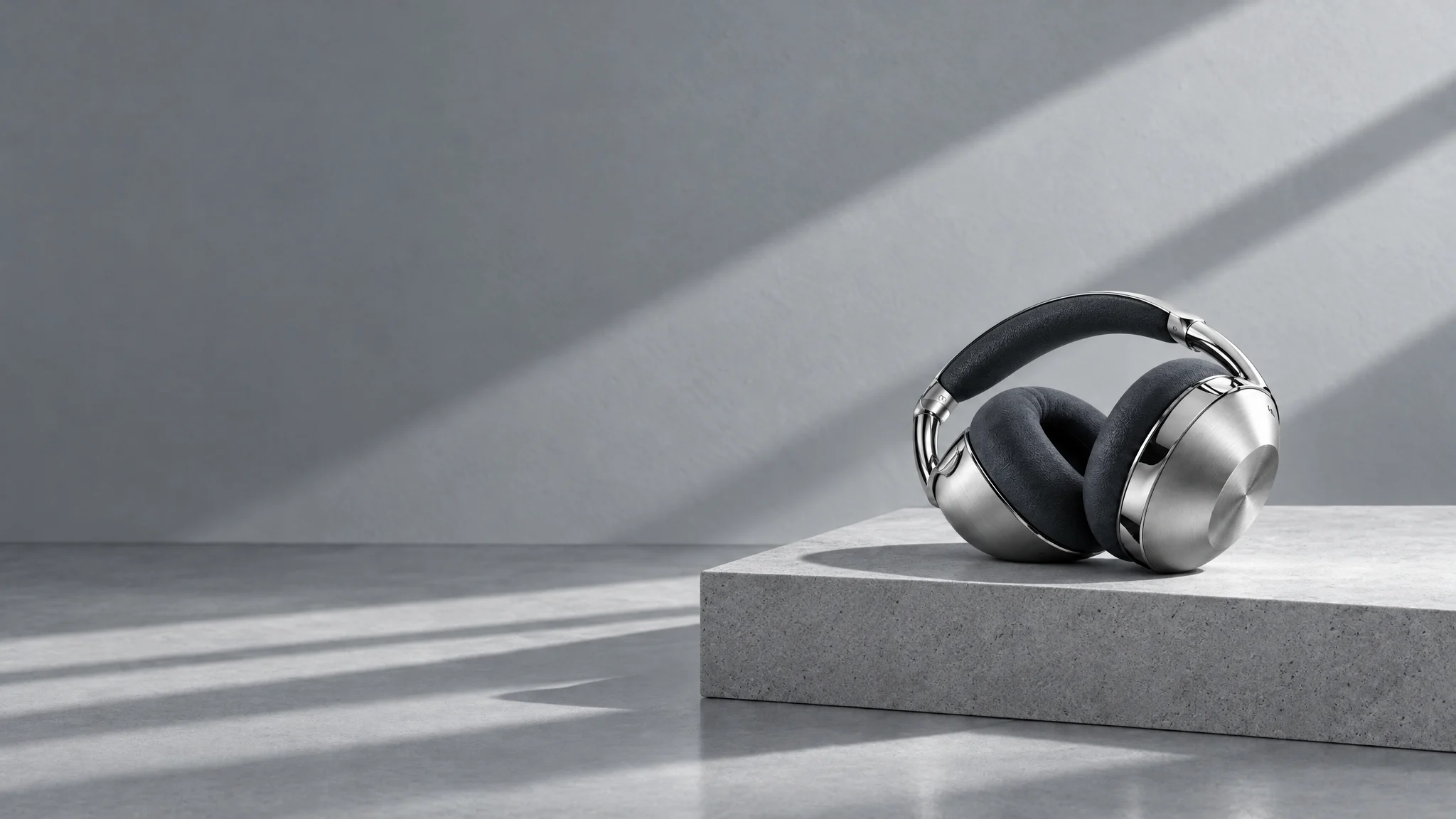 Concept headphones in brushed silver folded on a pale stone plinth, crossed by diagonal window light