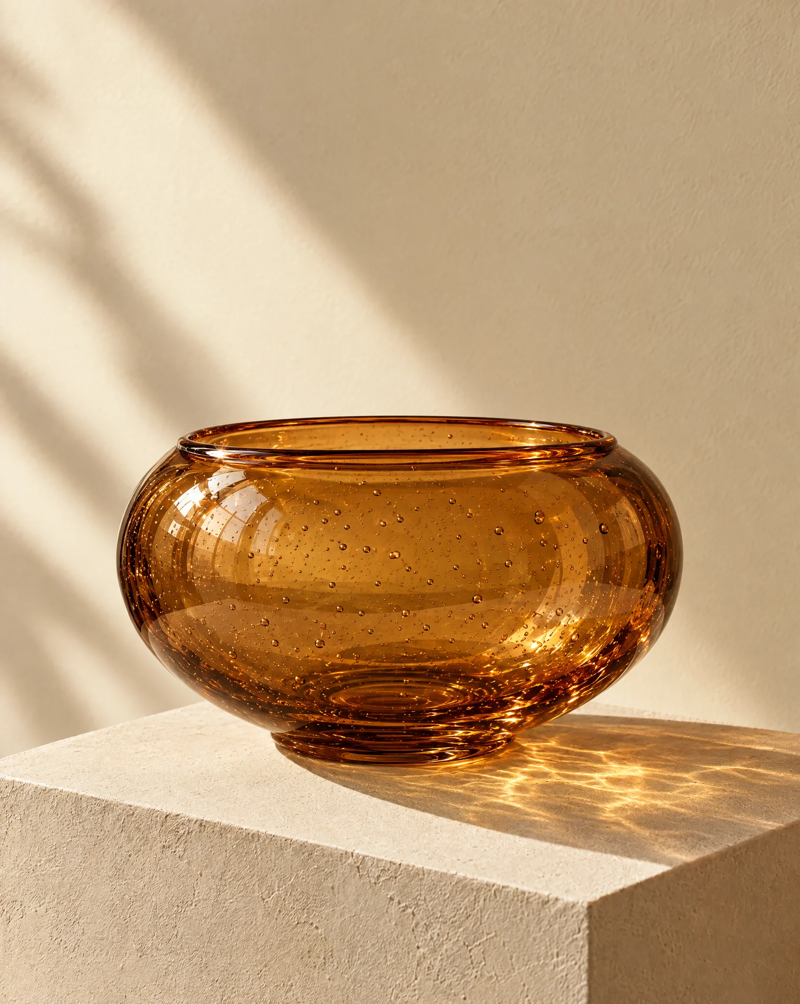 A low amber glass bowl full of tiny bubbles casting golden light across a plaster plinth