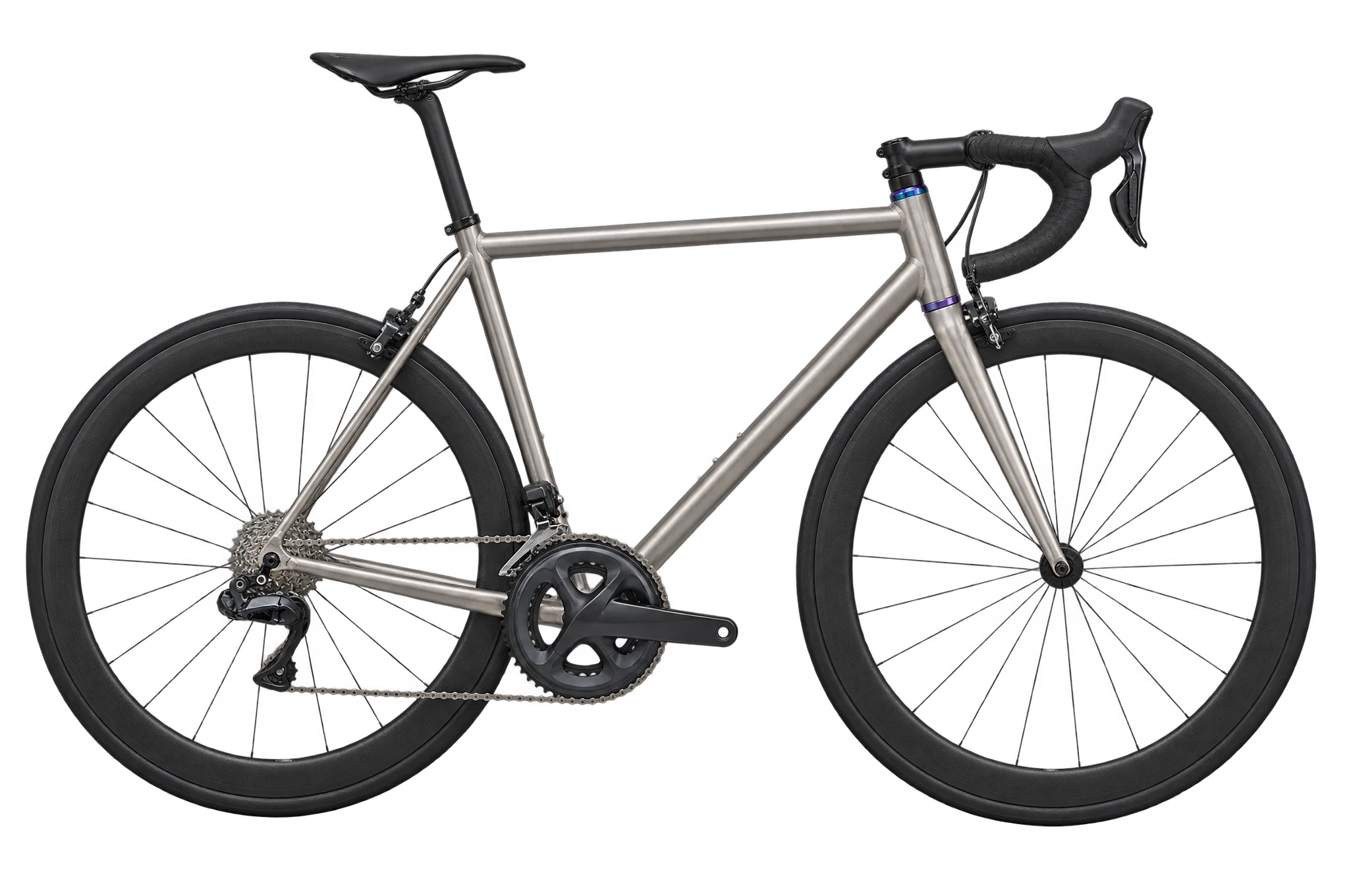 A raw brushed titanium road bike in side profile with small blue-violet anodized details