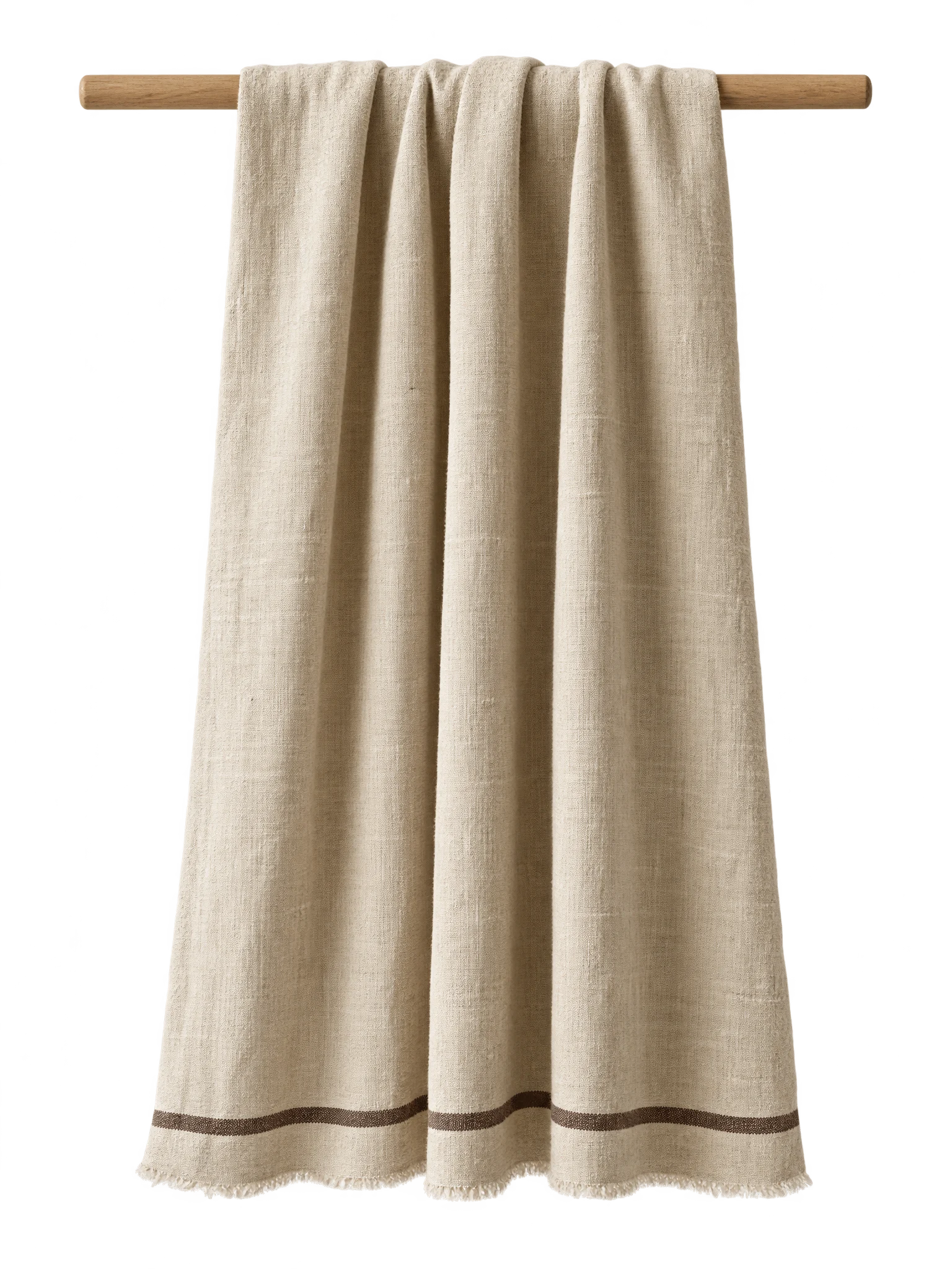 Parchment linen with a narrow umber stripe hanging from an oak dowel