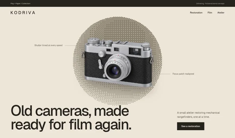 Kodriva, a fictional brand website using Dithering