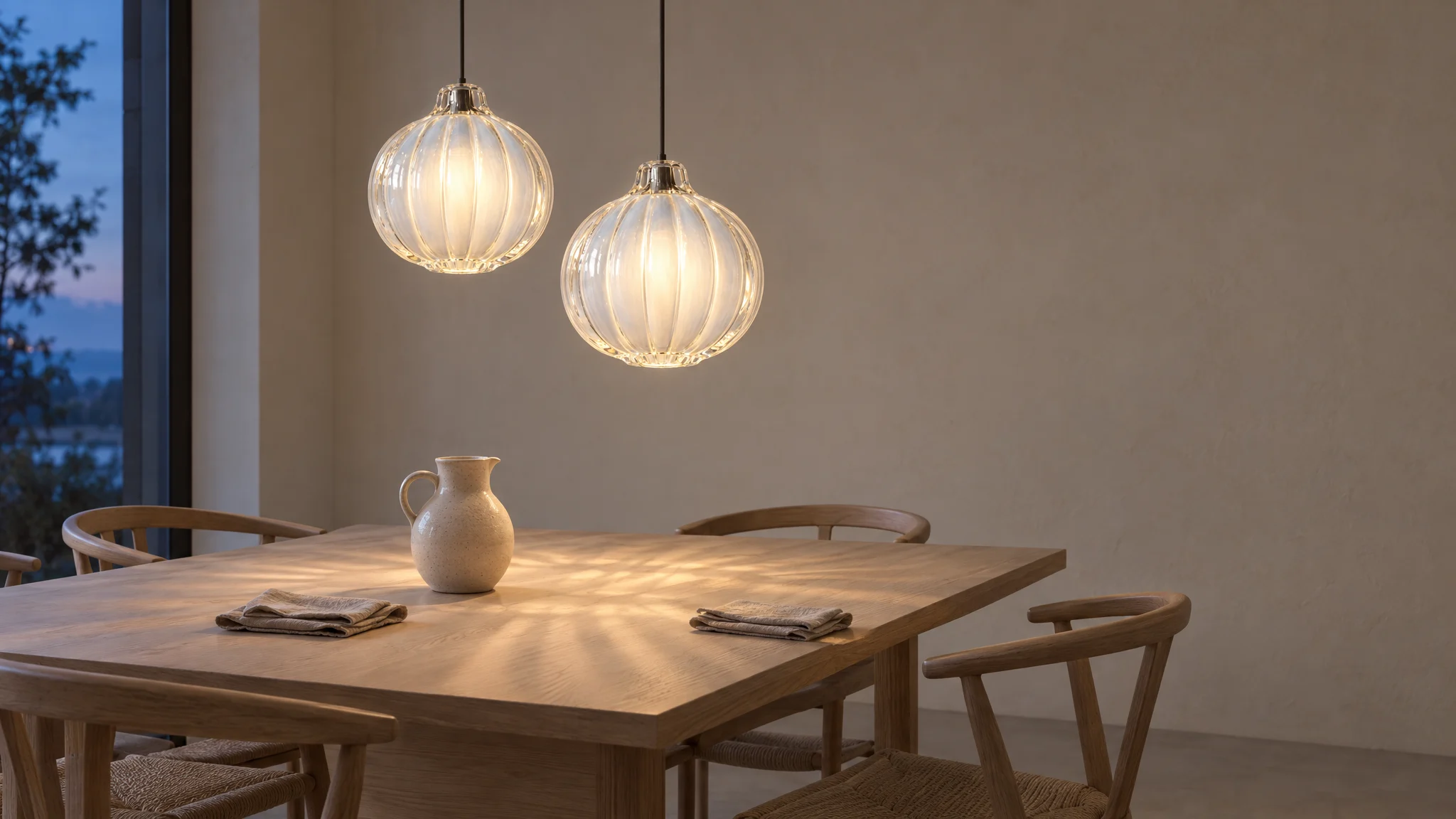 Two ribbed opal pendants hung low over an oak dining table at dusk, throwing soft ribbed light onto the wood