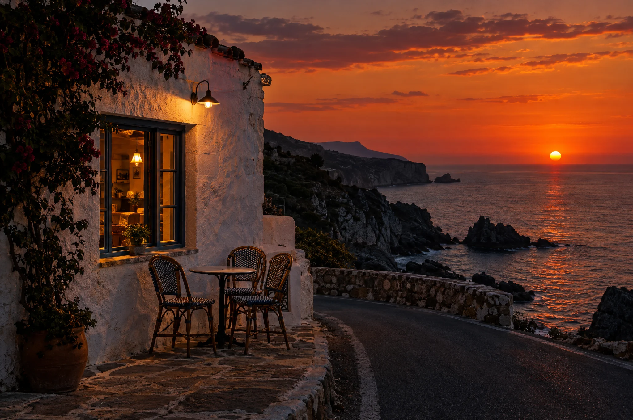 A whitewashed café with one lit window and three bistro chairs on a cliff road above the sea at sunset