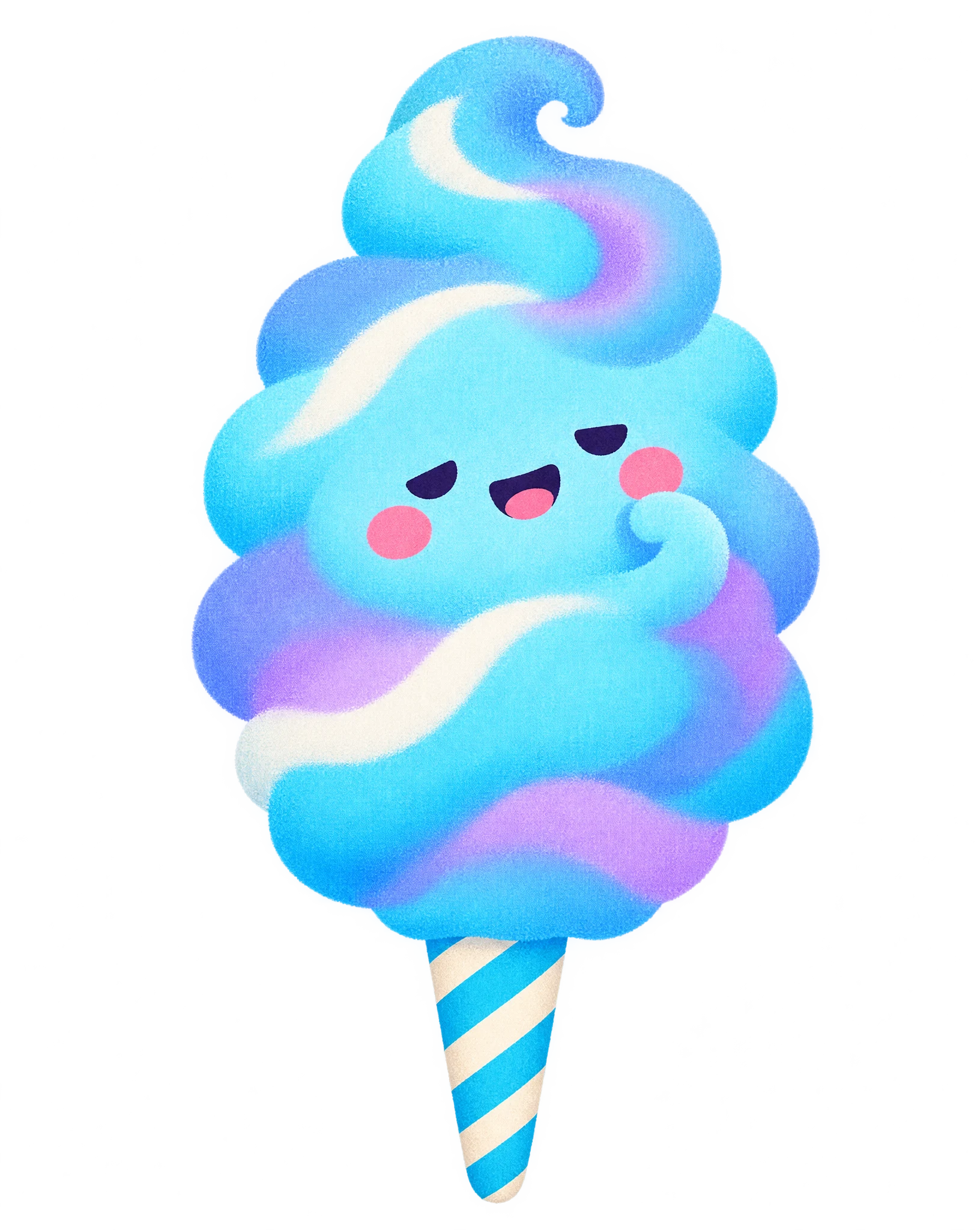 Sky Puff, a cyan cotton candy puff with sleepy eyes and a content smile