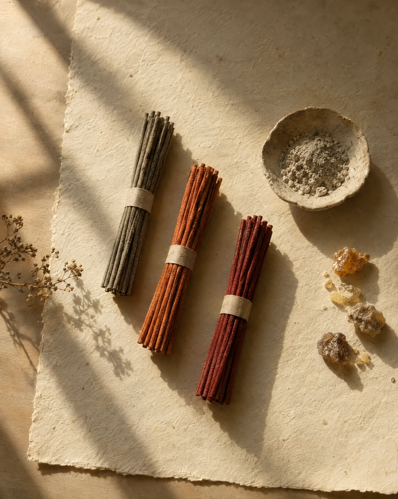 Three bundles of incense in grey, rust and deep red beside resin and powder on handmade paper