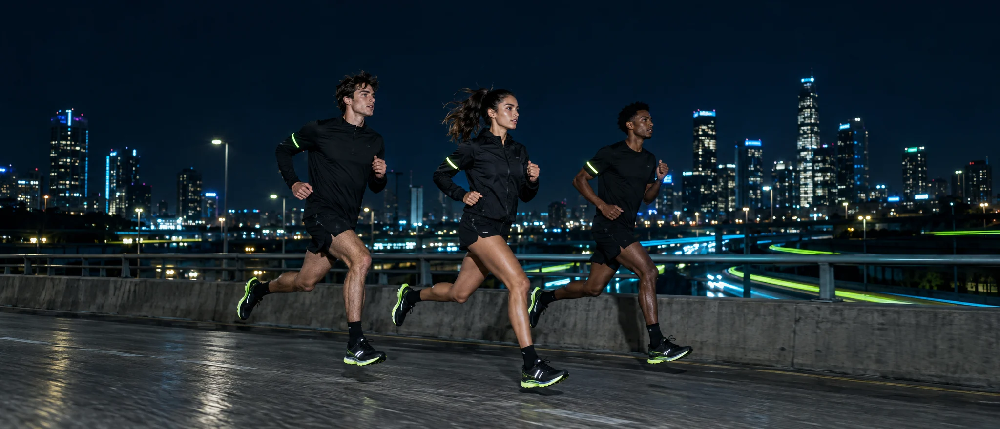 Three runners in black kit with lime trim crossing a wet overpass at night, the city skyline lit behind them