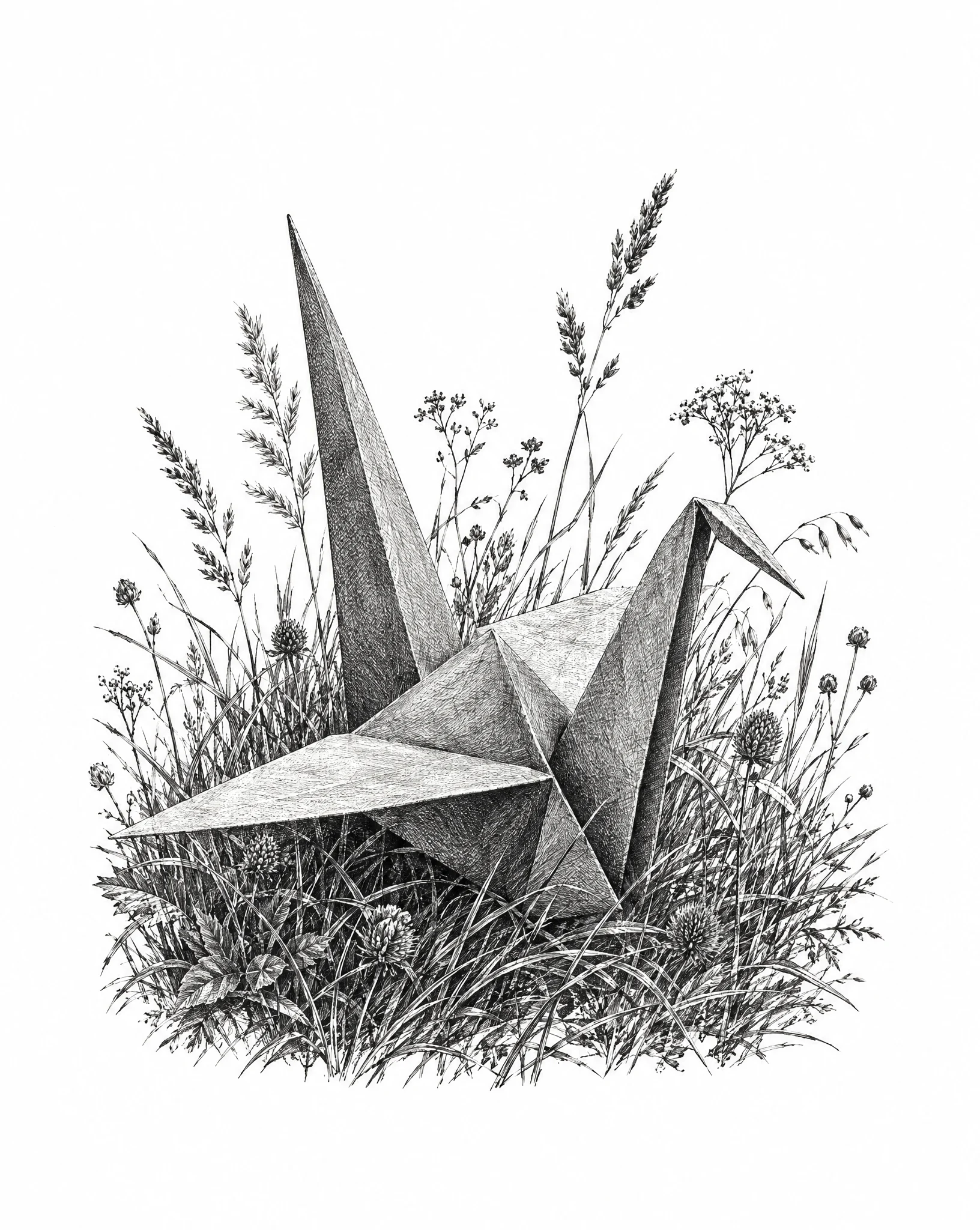 Charcoal etching of a folded paper crane resting in tall meadow grass