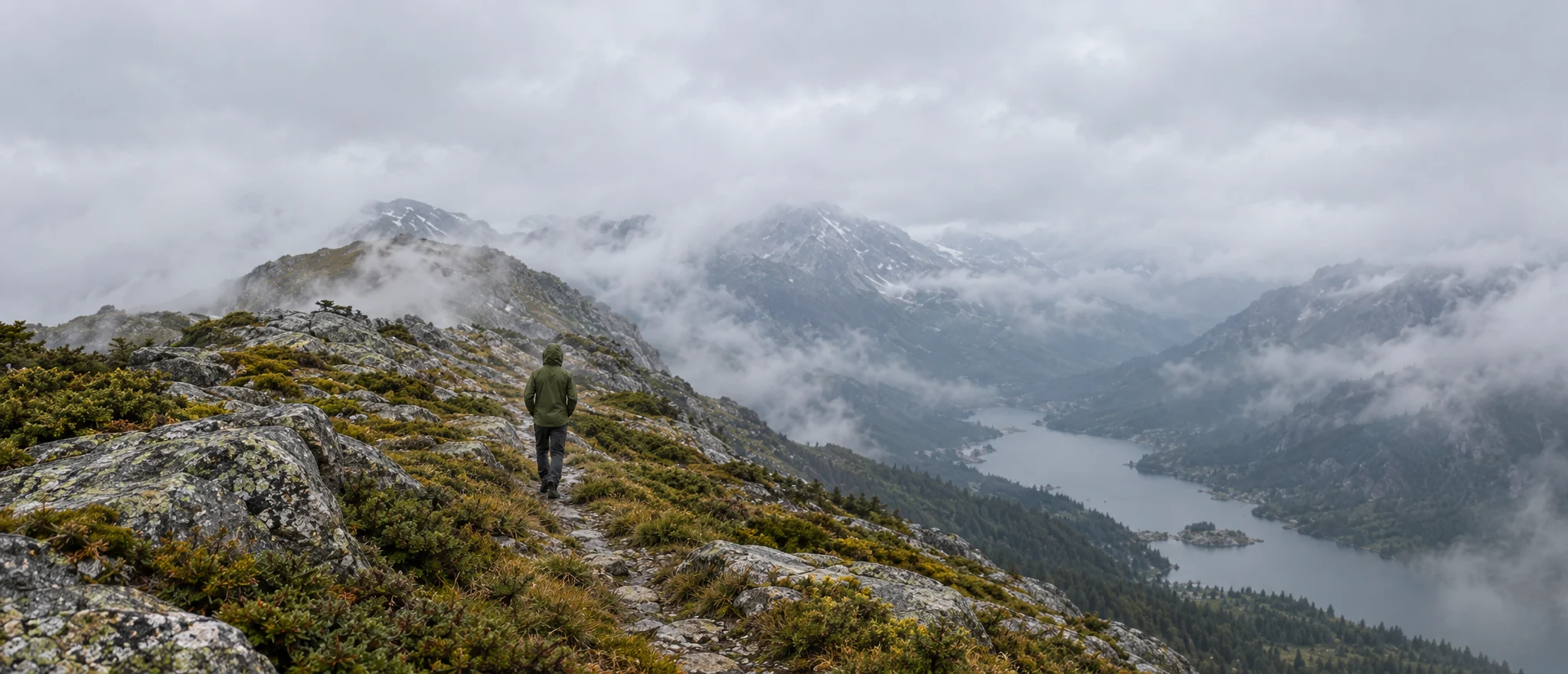 A hiker in a moss-green shell walks a rocky ridge above a lake, with low cloud over the peaks