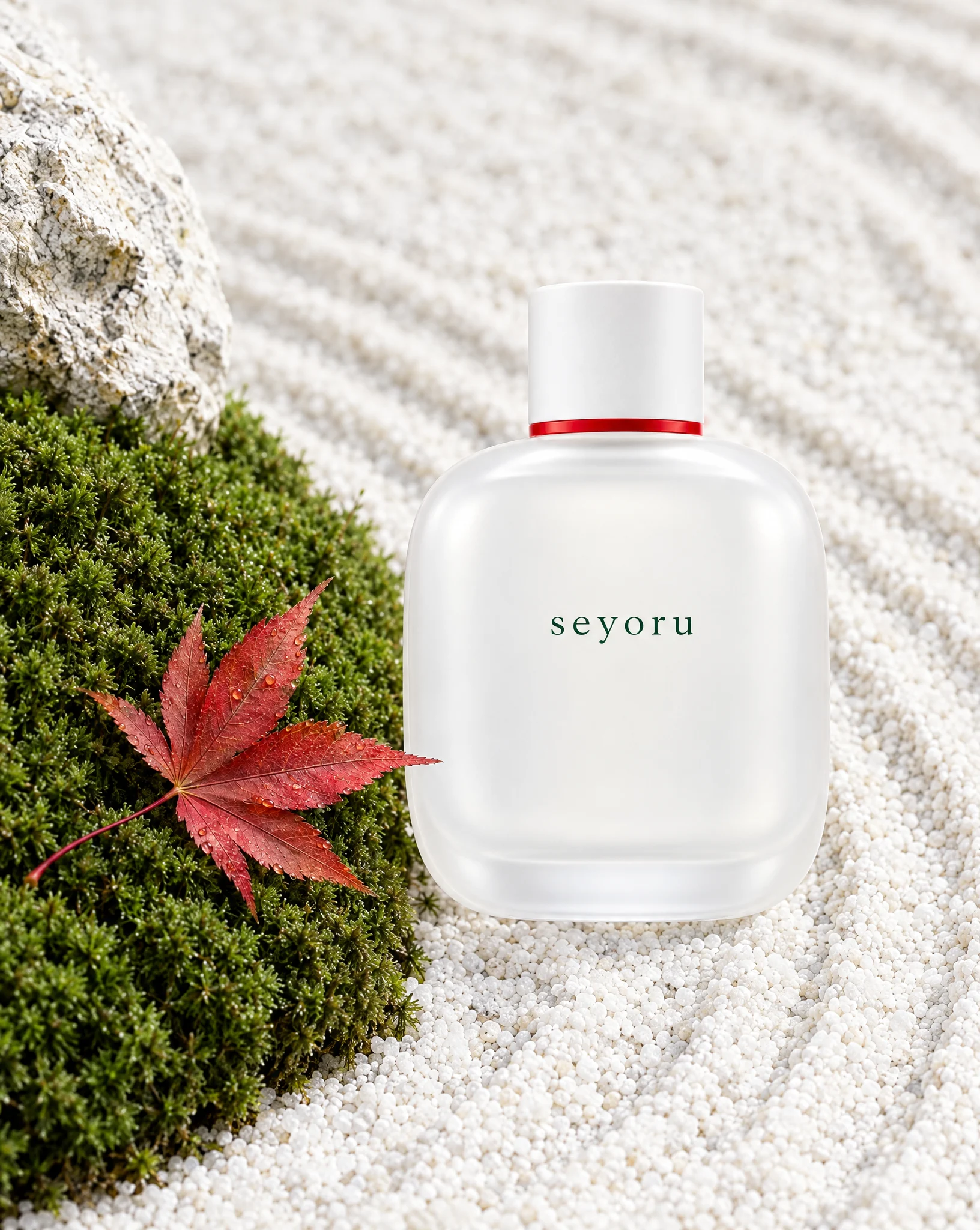 The frosted Seyoru bottle standing on raked white gravel beside moss and a red maple leaf