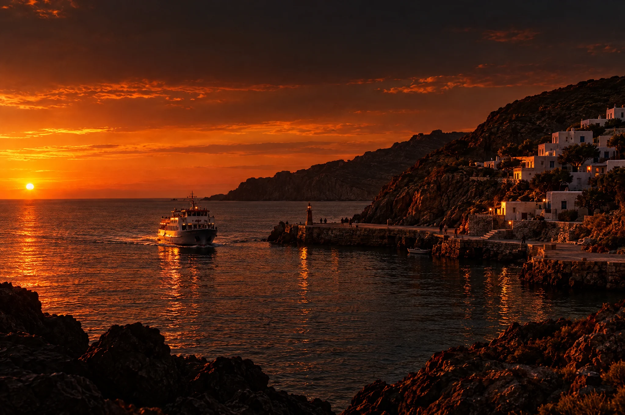 A small island ferry tied up in a stone harbour at dusk
