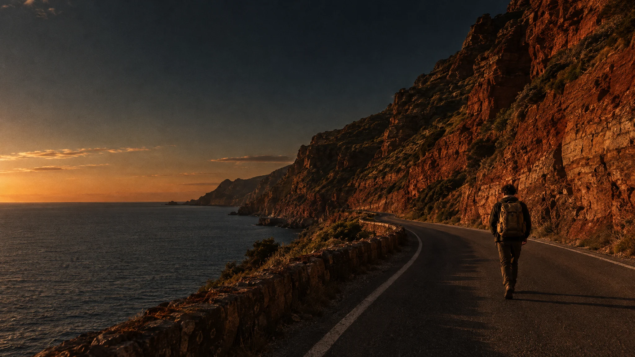 A walker with a backpack follows a cliffside coast road toward the sunset over the sea