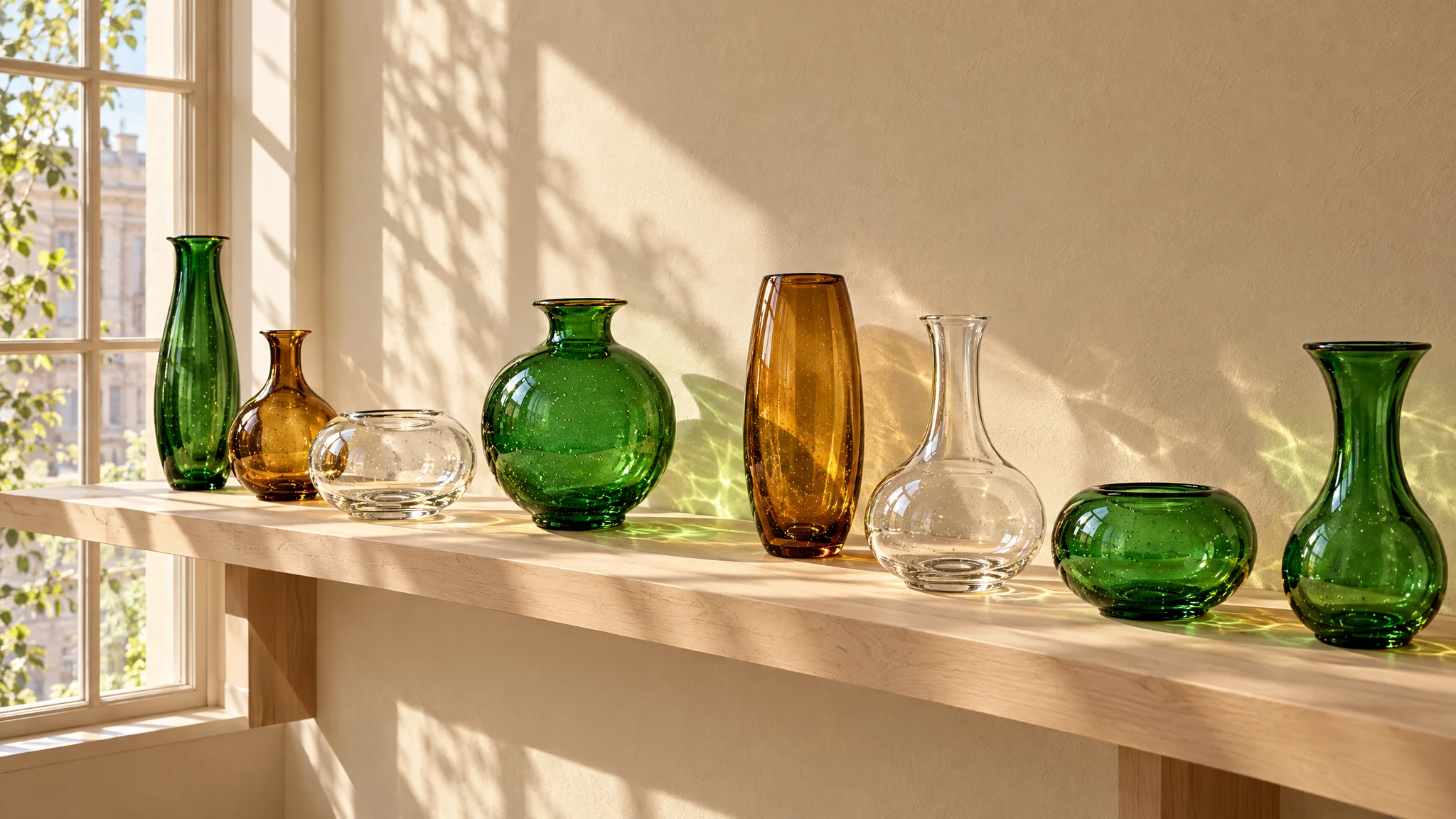 Emerald, amber and clear glass vessels lined up along a pale wooden sill beside a sunny studio window