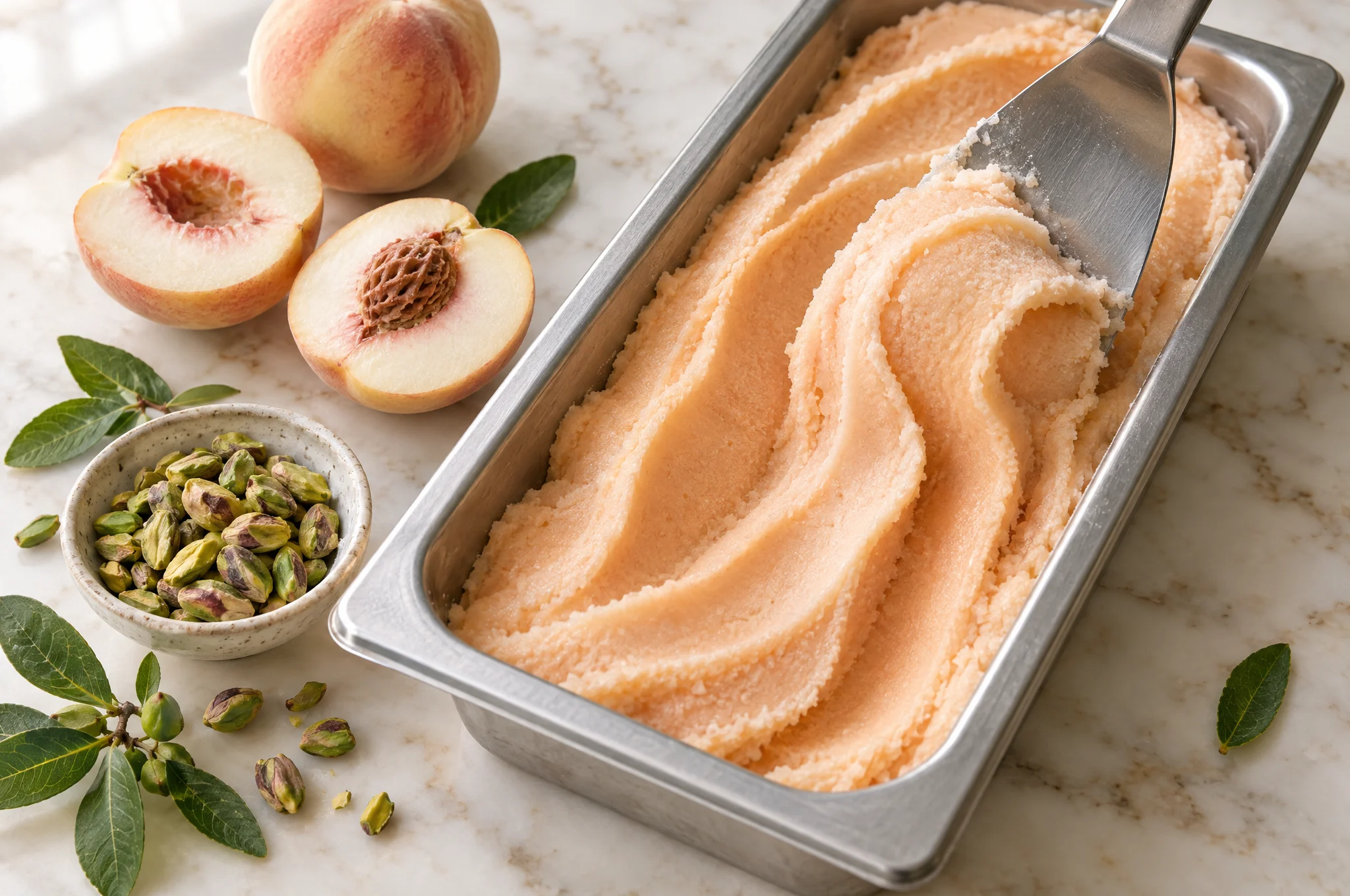 Peach sorbet being carved with a flat spade in a steel pan, beside halved peaches and a bowl of pistachios