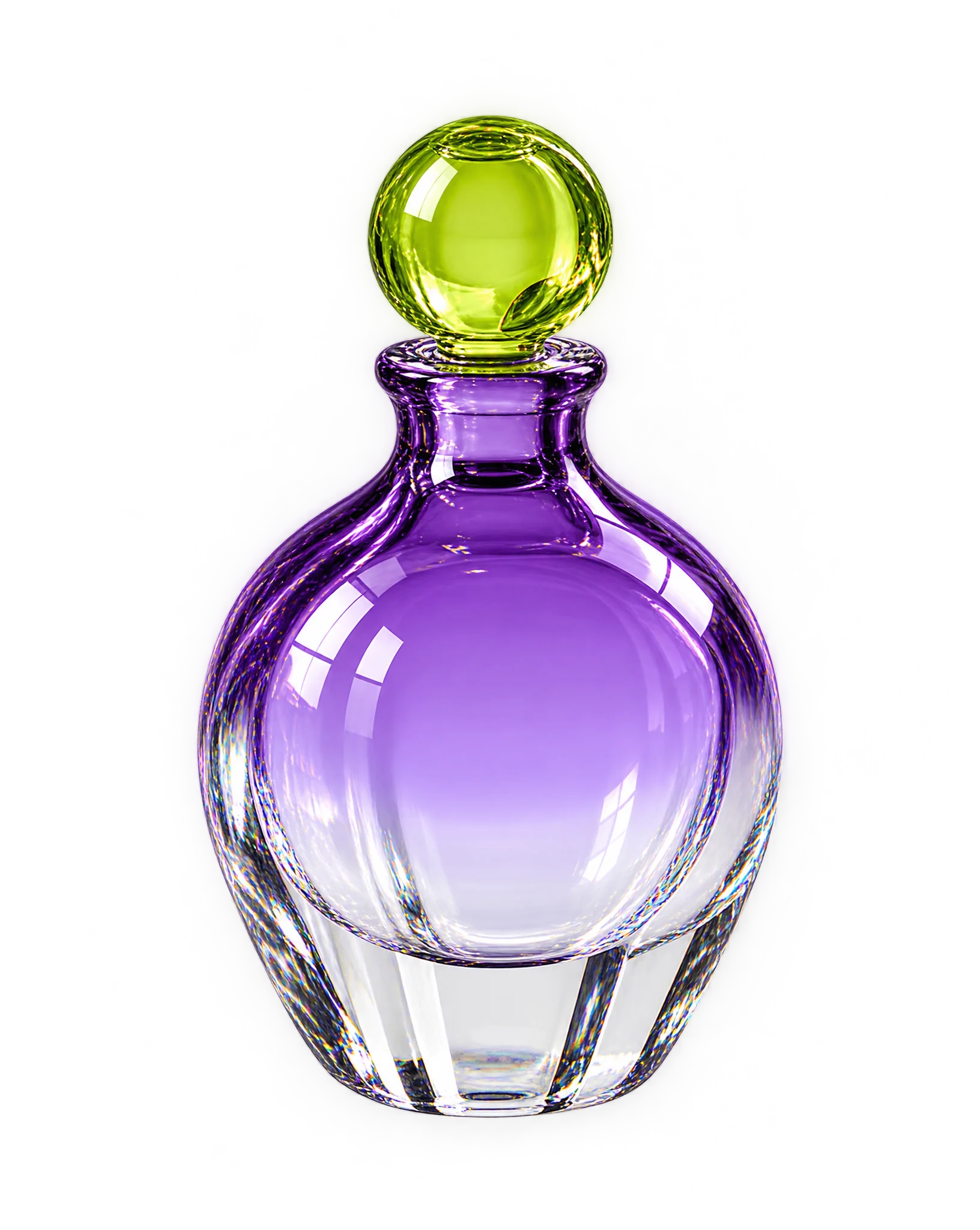 A violet glass bottle fading to clear, closed with a round lime glass stopper