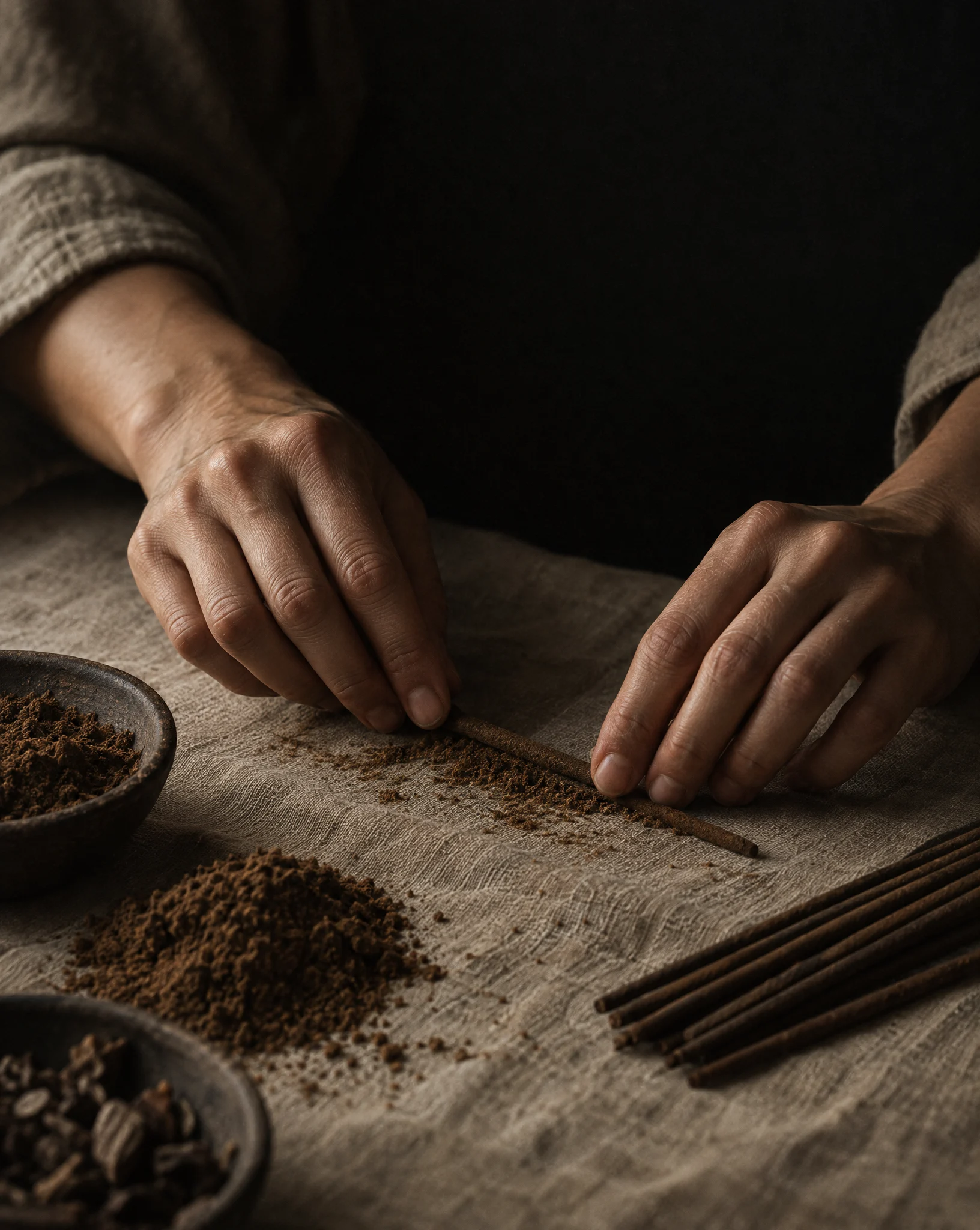 Two hands rolling a thin incense stick on undyed linen