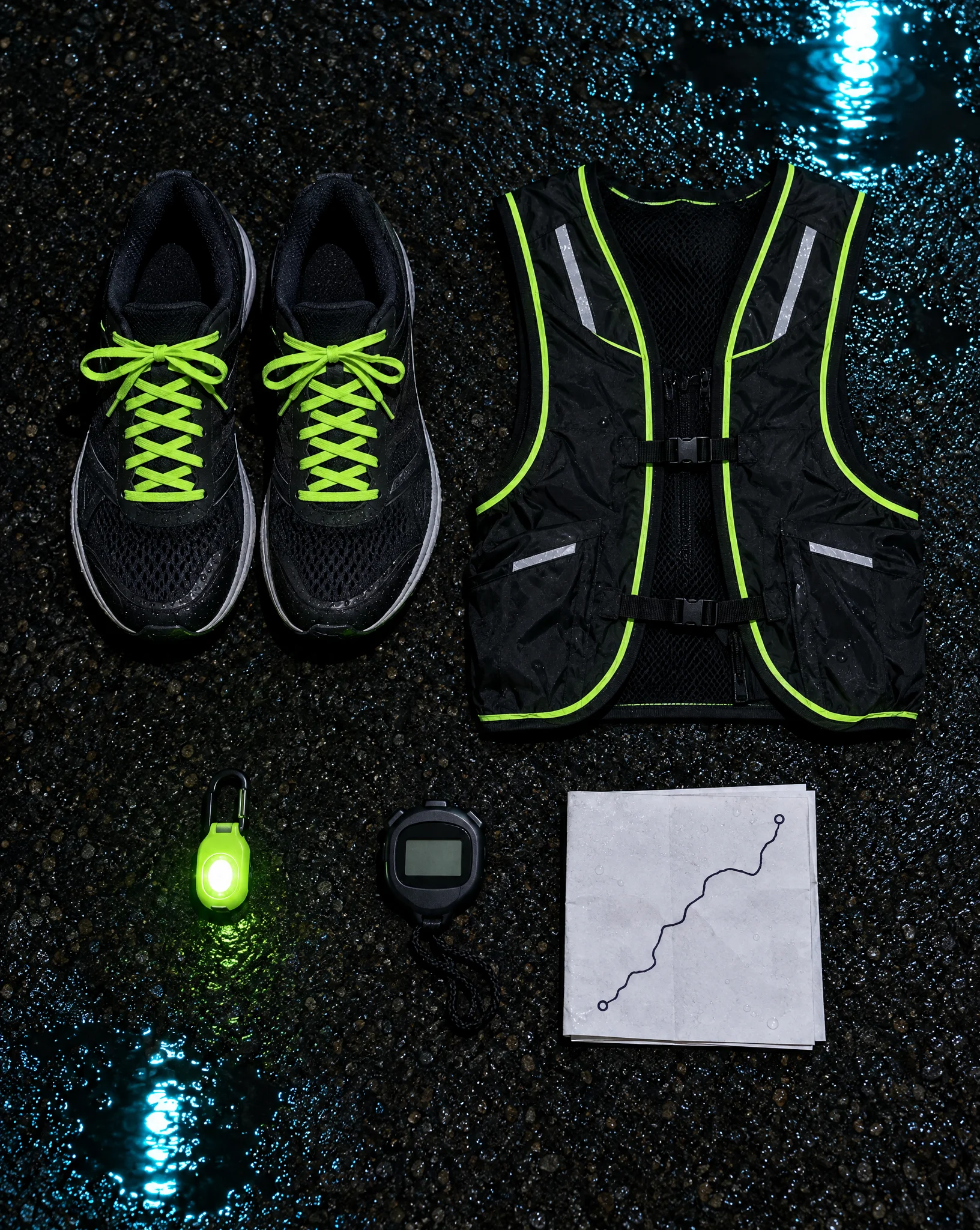 Black running shoes with lime laces, a reflective vest, a glowing clip-on light, a stopwatch and a hand-drawn route card on wet asphalt