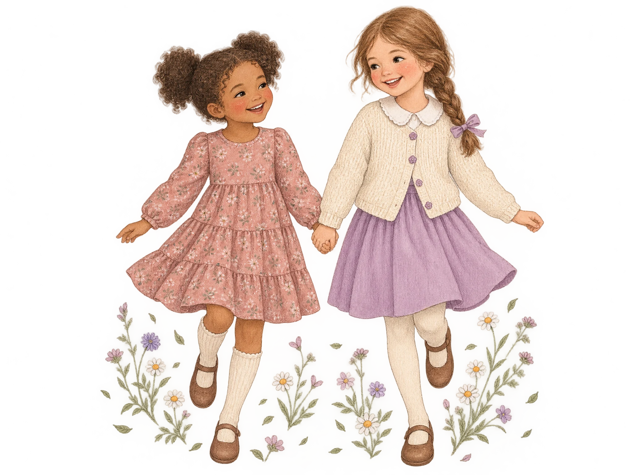 Two smiling girls skipping hand in hand through wildflowers, one in a dusty rose tiered daisy dress, the other in a cream cardigan and orchid skirt