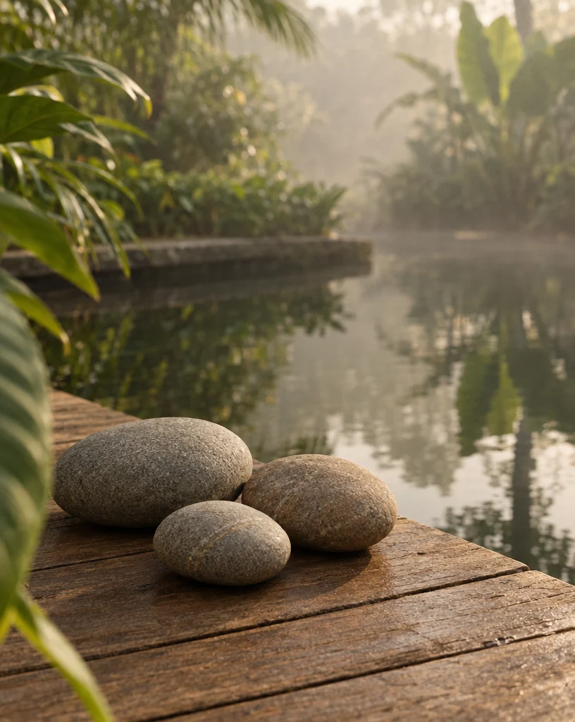 Three smooth river stones resting on a weathered teak deck beside a still, misty pond