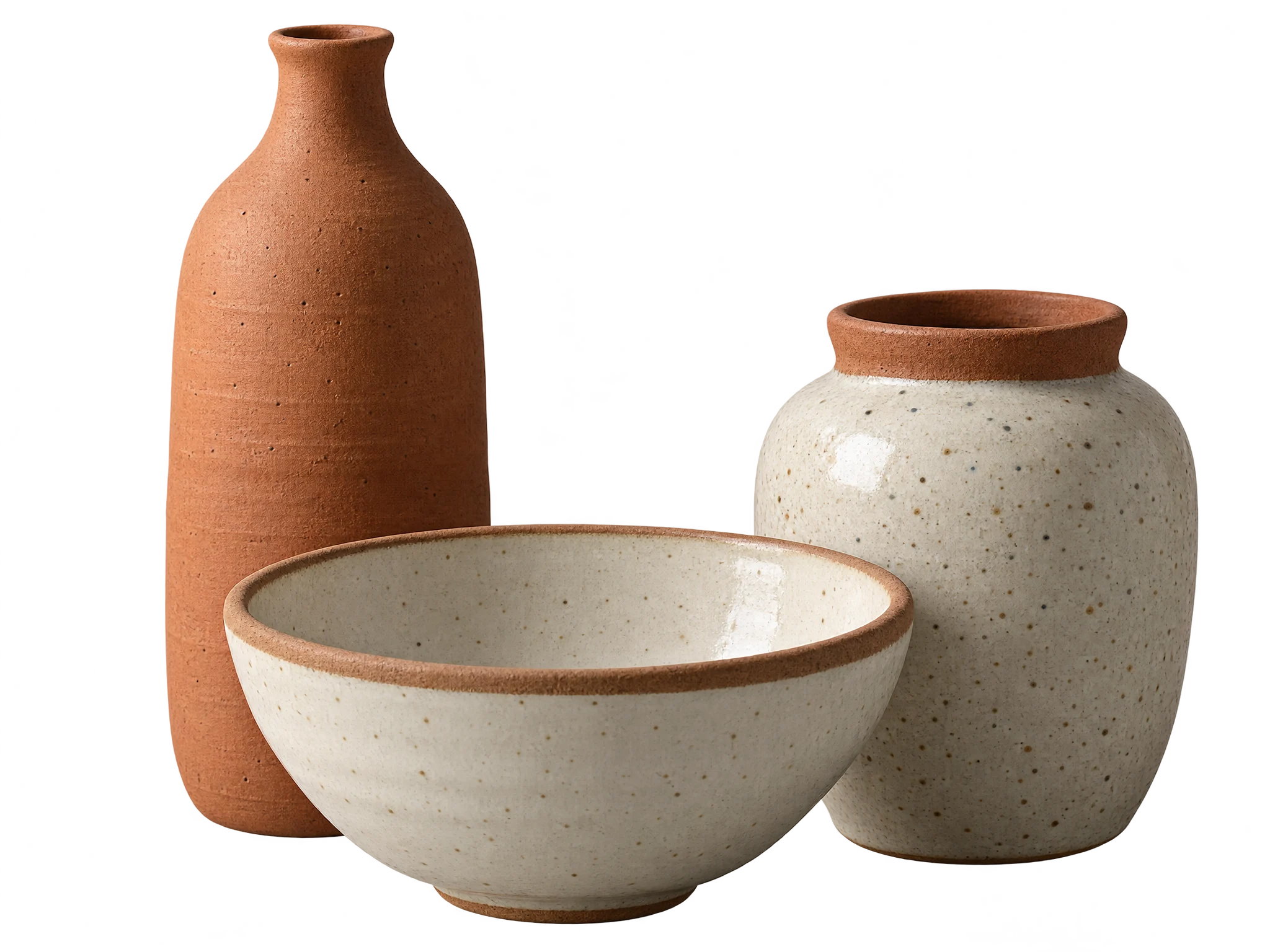 A tall terracotta bottle, a speckled ivory bowl and an ivory jar with a terracotta lip