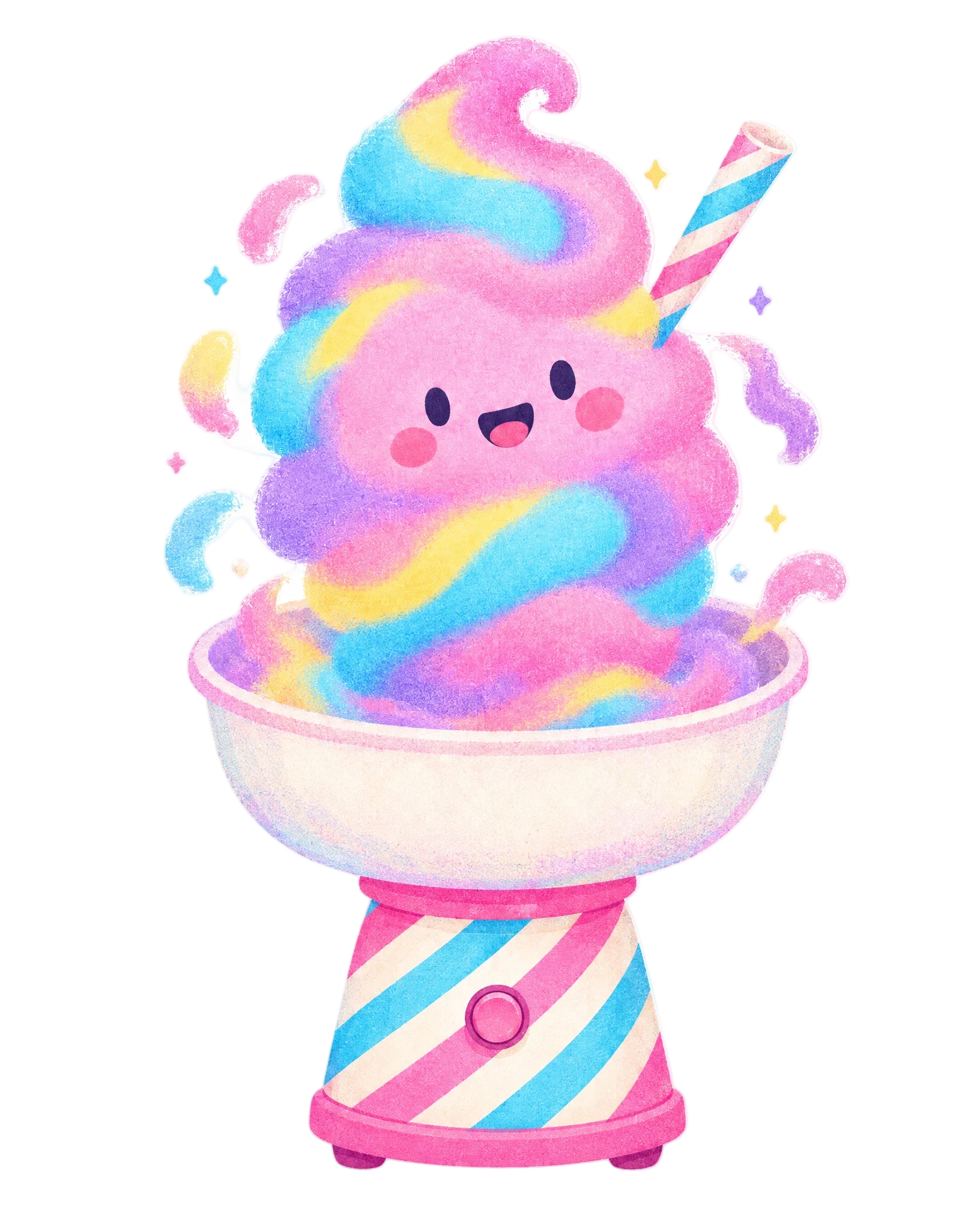 A pastel cotton candy machine with a candy-striped stand, spinning a smiling pink, cyan, violet and lemon cloud out of its bowl