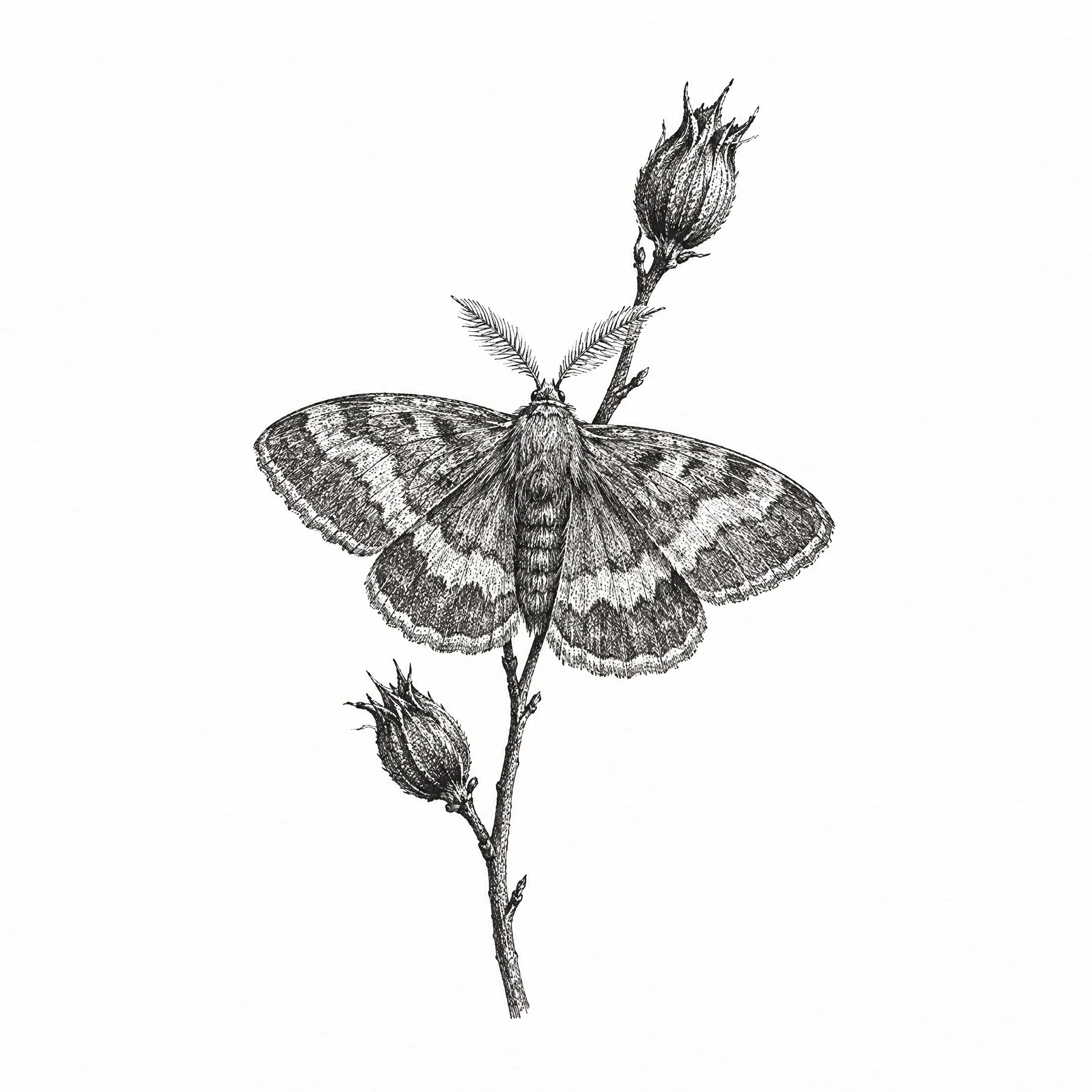 Etching of a moth resting on a slender twig