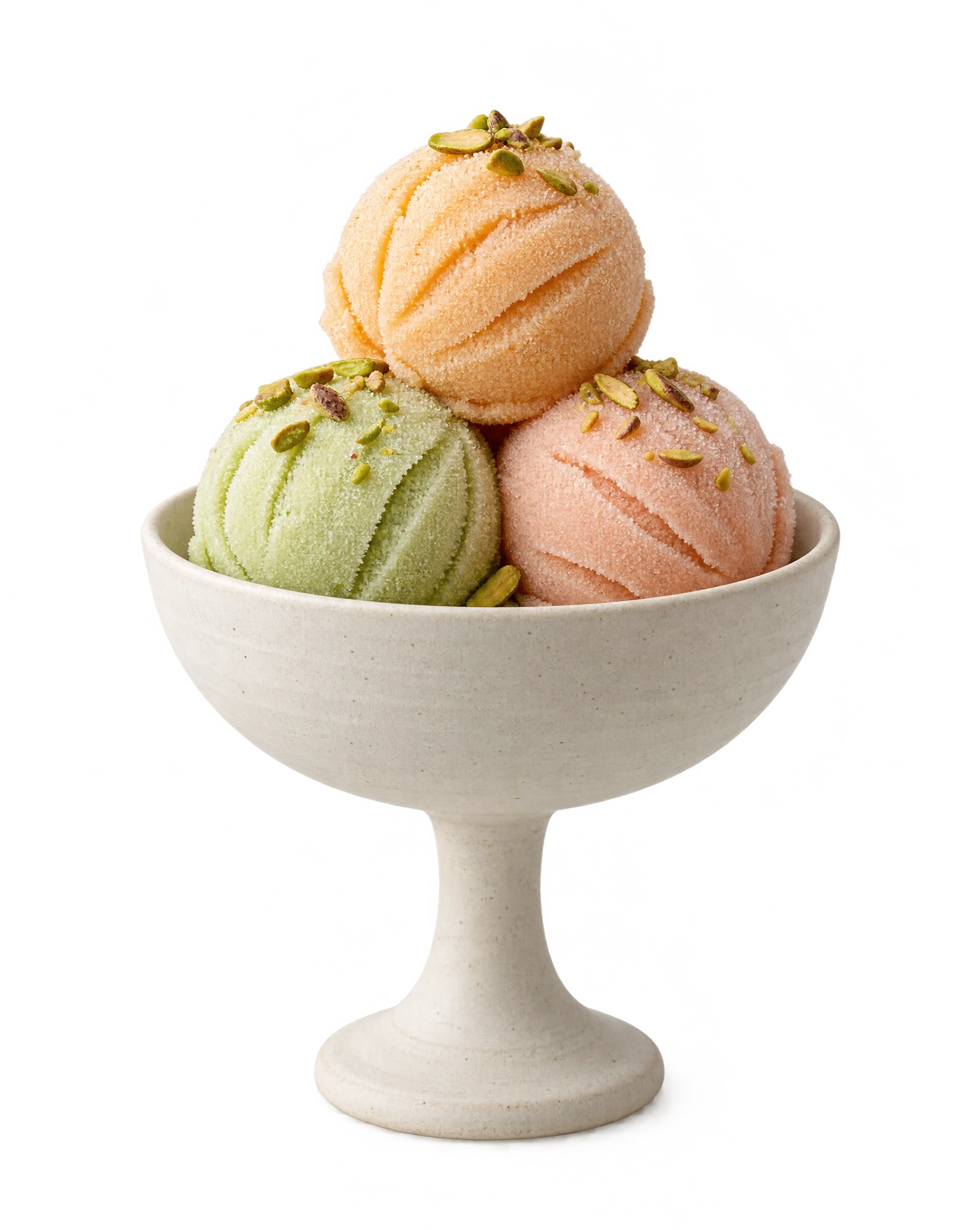 Peach, pistachio and apricot sorbet scoops in an ivory ceramic coupe