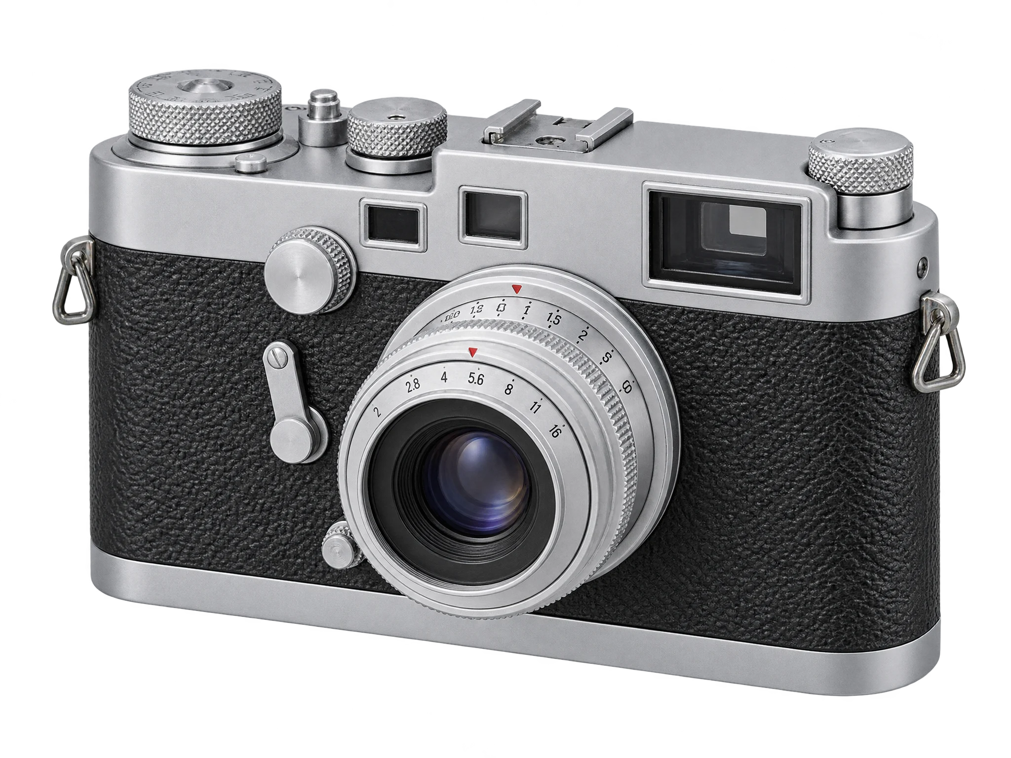 A restored chrome and black leatherette rangefinder camera