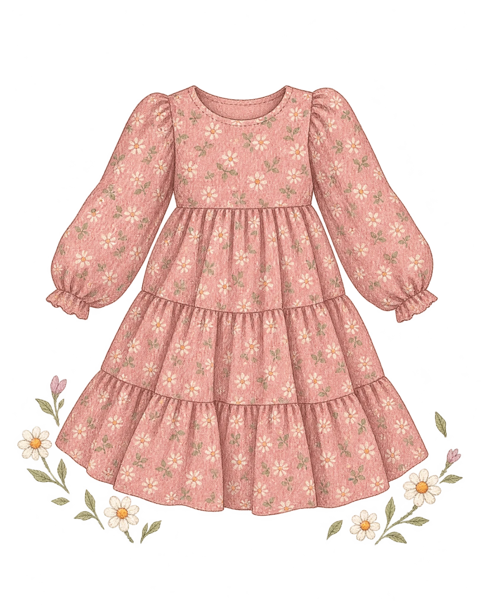 Illustration of a dusty rose tiered girl's dress with puffed long sleeves and a small cream daisy print