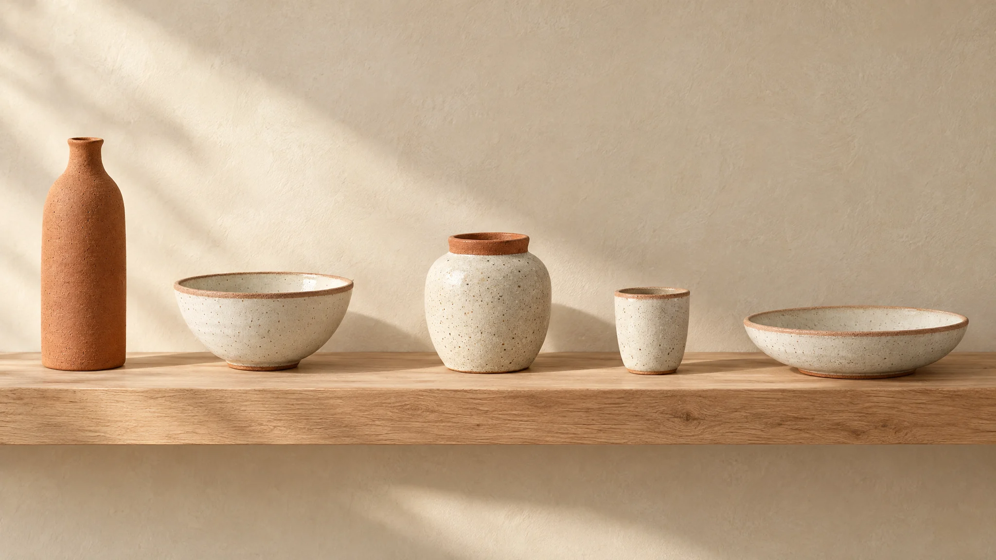 A terracotta bottle, speckled bowls, a jar with a terracotta lip and a small cup on an oak shelf in soft sunlight