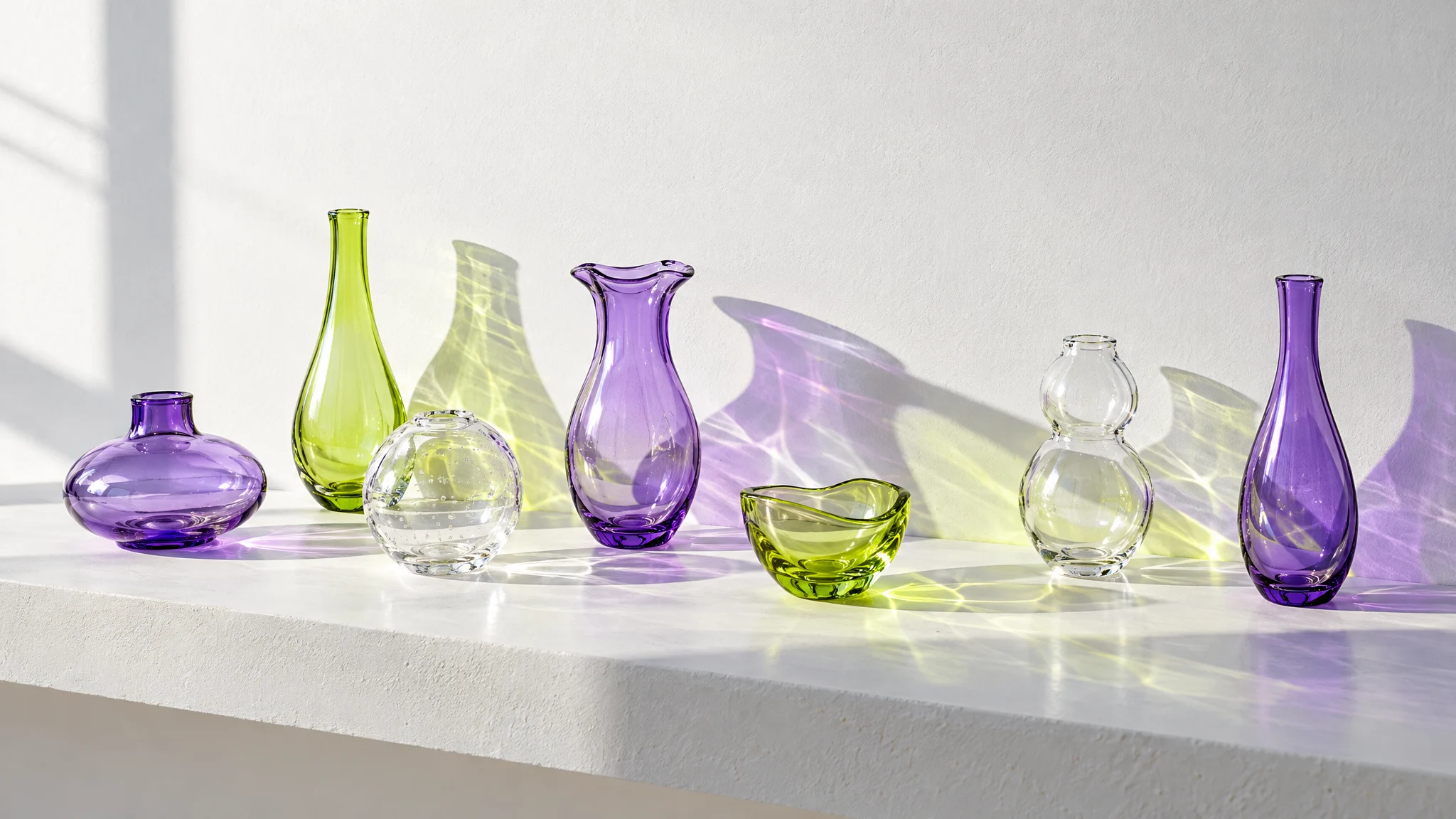 Violet, lime and clear glass vessels on a white sill, throwing coloured light and shadow onto the wall