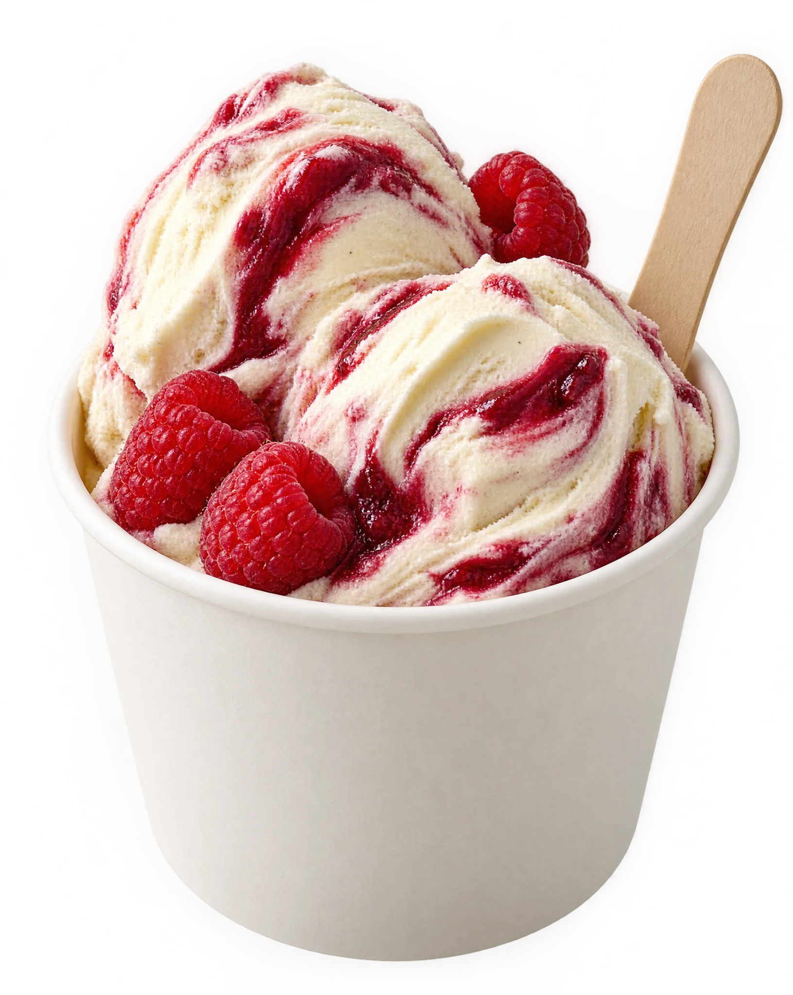 A paper cup of vanilla gelato rippled with raspberry sauce, fresh raspberries and a wooden spoon