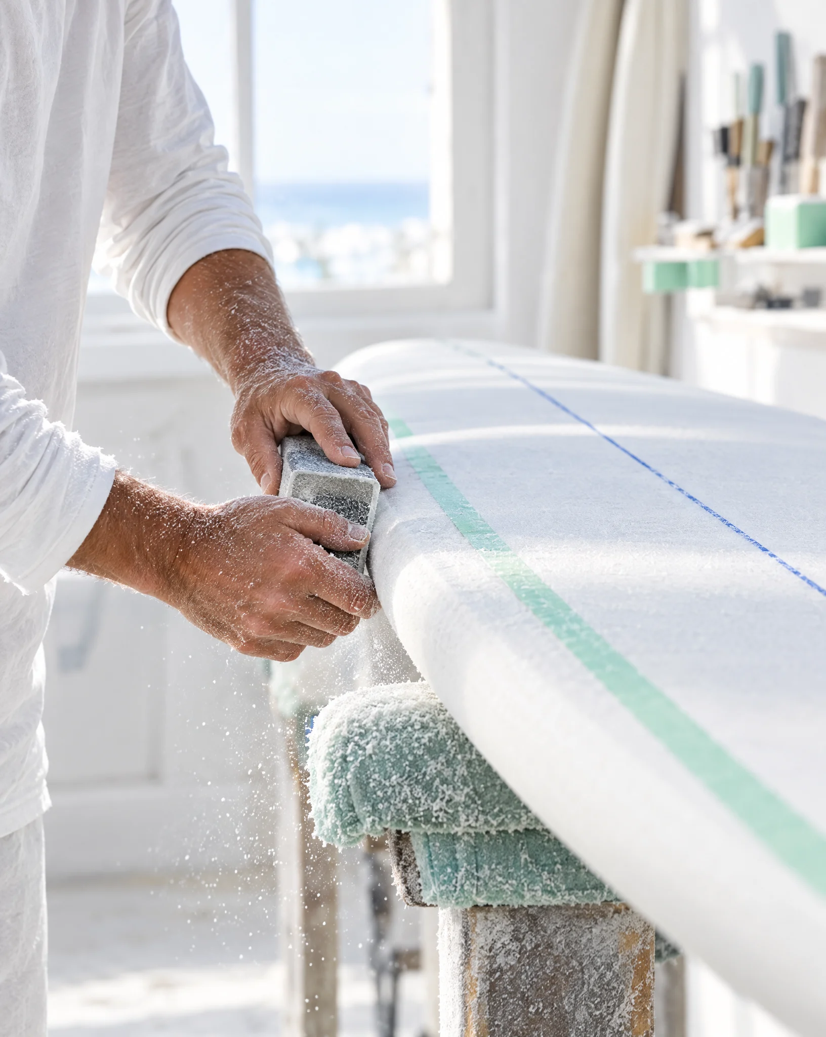 Hands sanding the rail of a white foam blank in a bright shaping bay