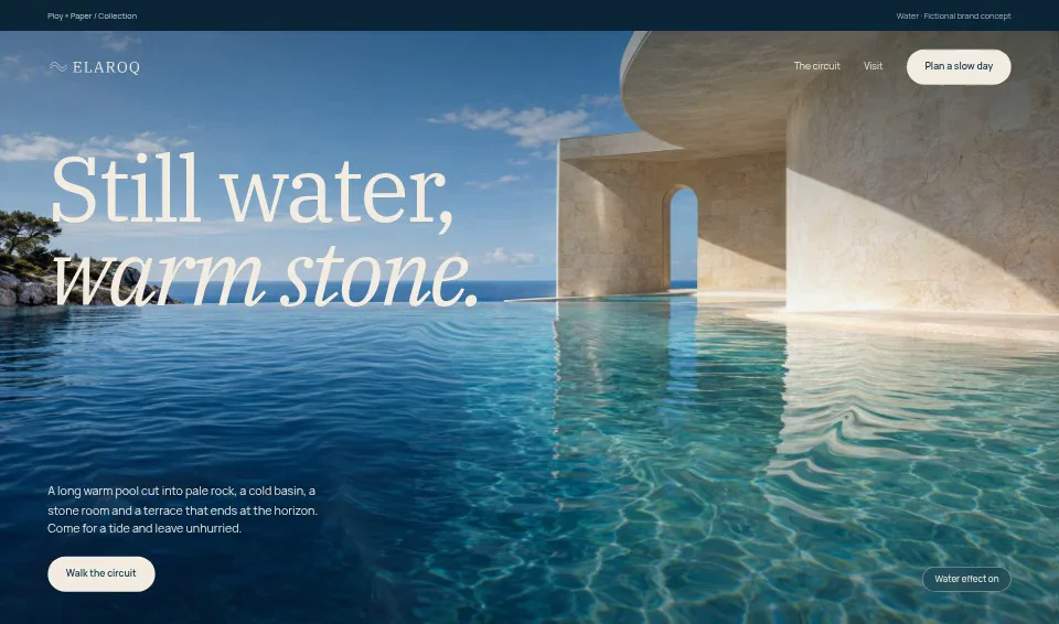 Elaroq, a fictional brand website using Water