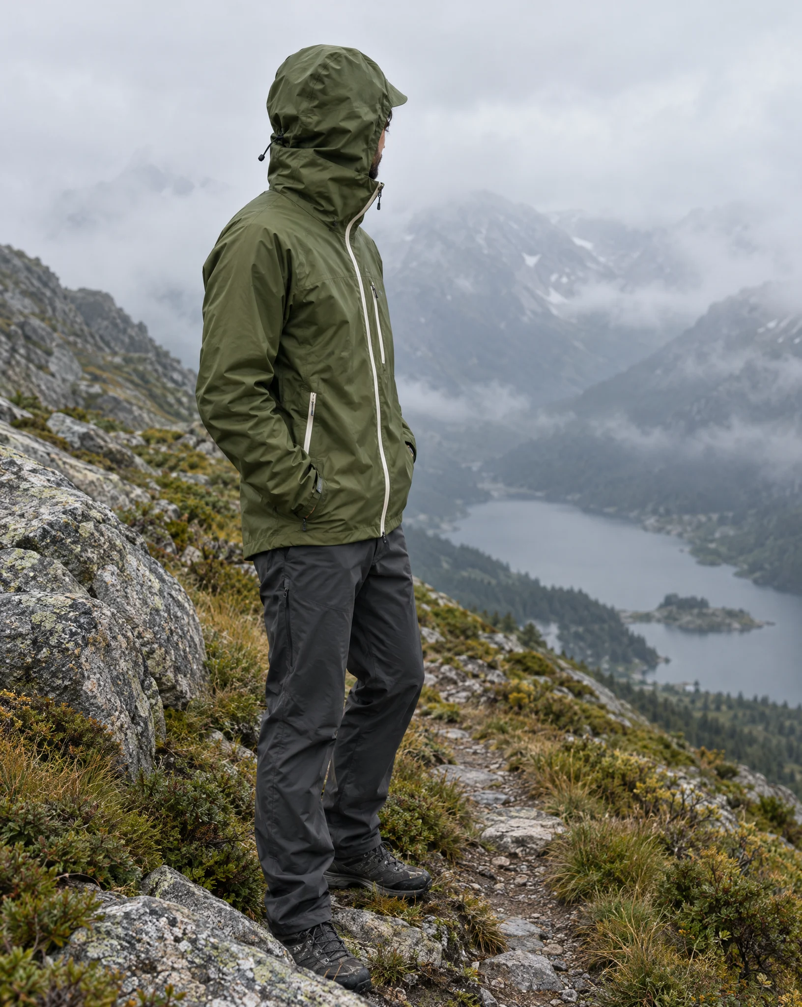 A hiker in a moss-green Eivora shell with a bone zipper looks out over a misty alpine lake from a rocky ridge