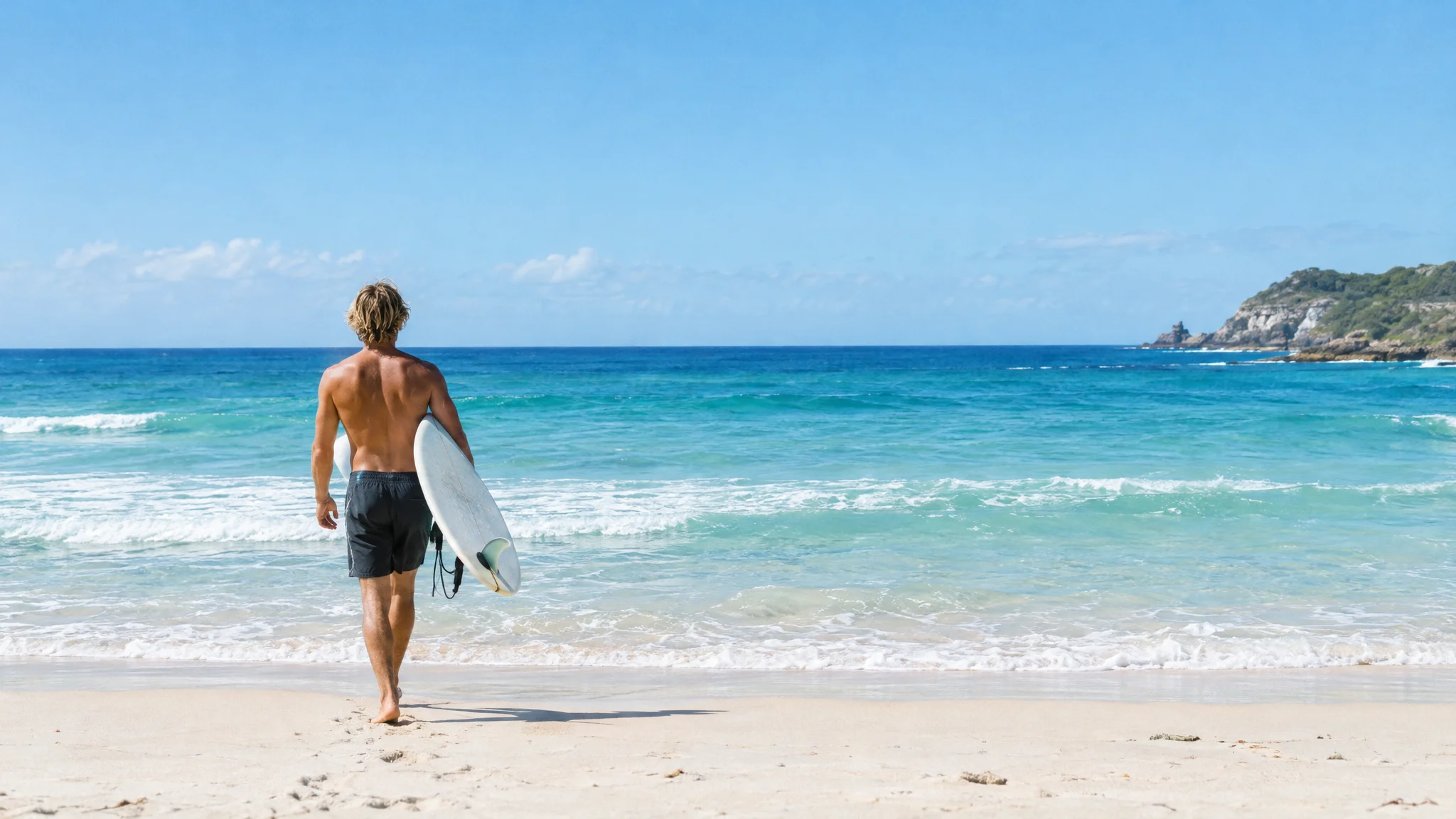 A surfer walks across pale sand toward a seafoam and cobalt sea carrying a white single fin