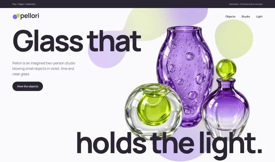 Pellori, a fictional brand website using Metaballs