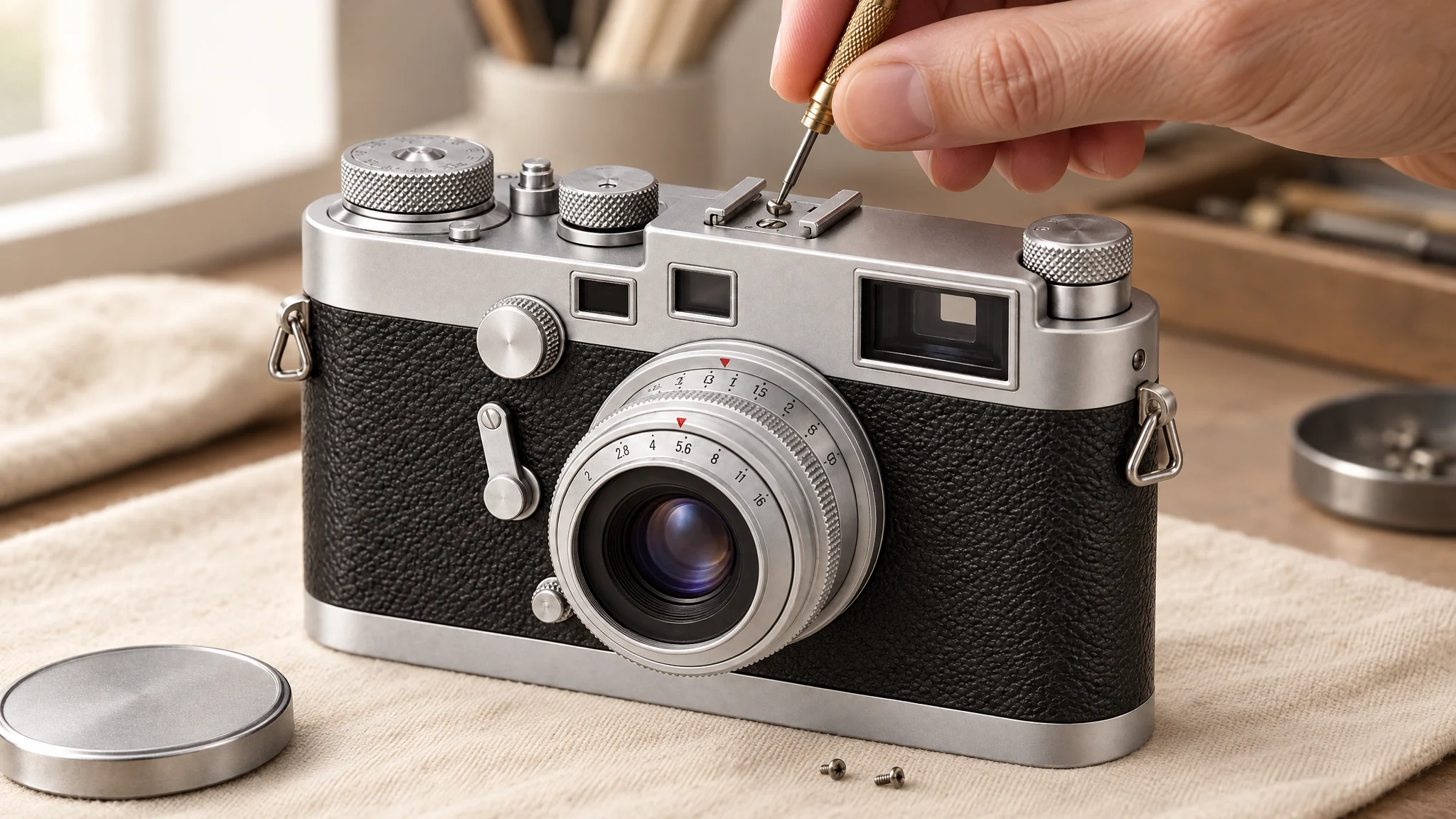 A hand tightening a screw on the top plate of a rangefinder resting on a linen cloth