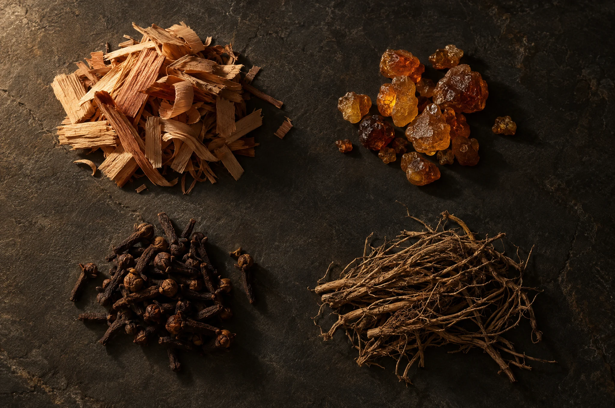 Cedar shavings, resin, cloves and vetiver root on a charcoal stone slab