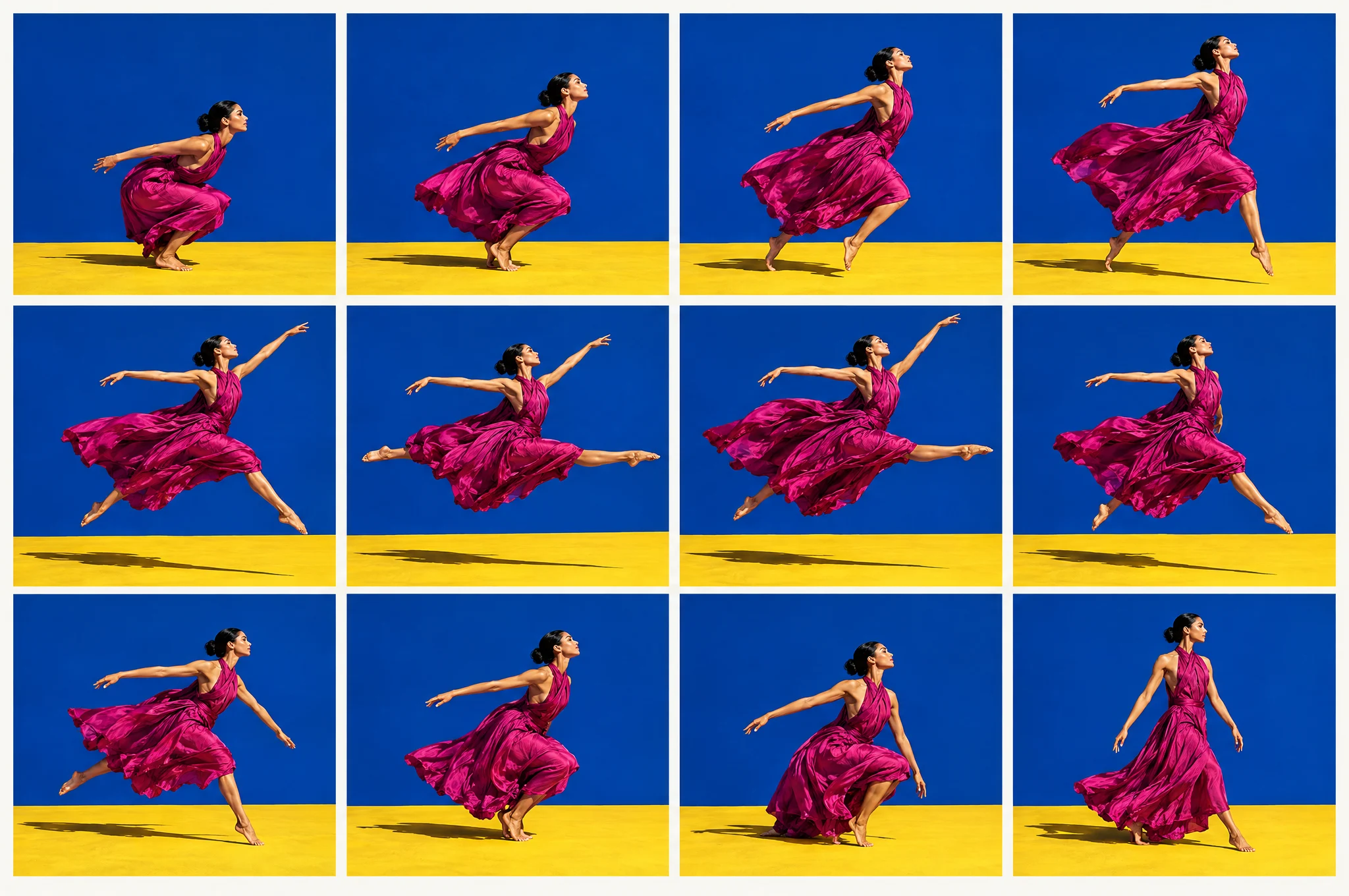 A contact sheet of twelve frames: a dancer in a magenta dress crouches, leaps and lands against a cobalt wall and yellow floor