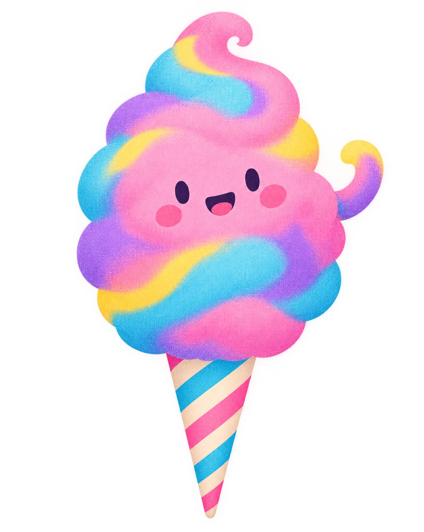 Floss, Orveta's mascot: a swirled pink, cyan, violet and yellow cotton candy cloud with a happy face, waving from a striped cone