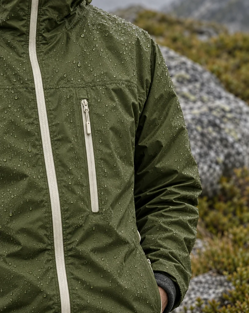 Close-up of the moss Eivora shell's chest pocket and bone zip, beaded with rain against wet granite
