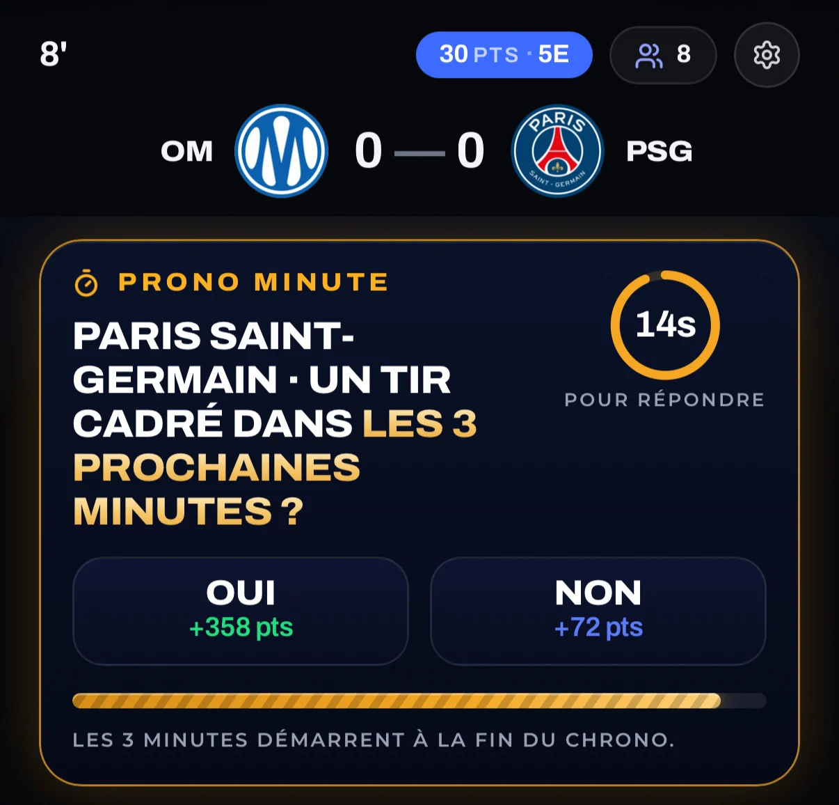 Écran Winble du prono minute pendant OM PSG, avec le chronomètre et les réponses Oui ou Non