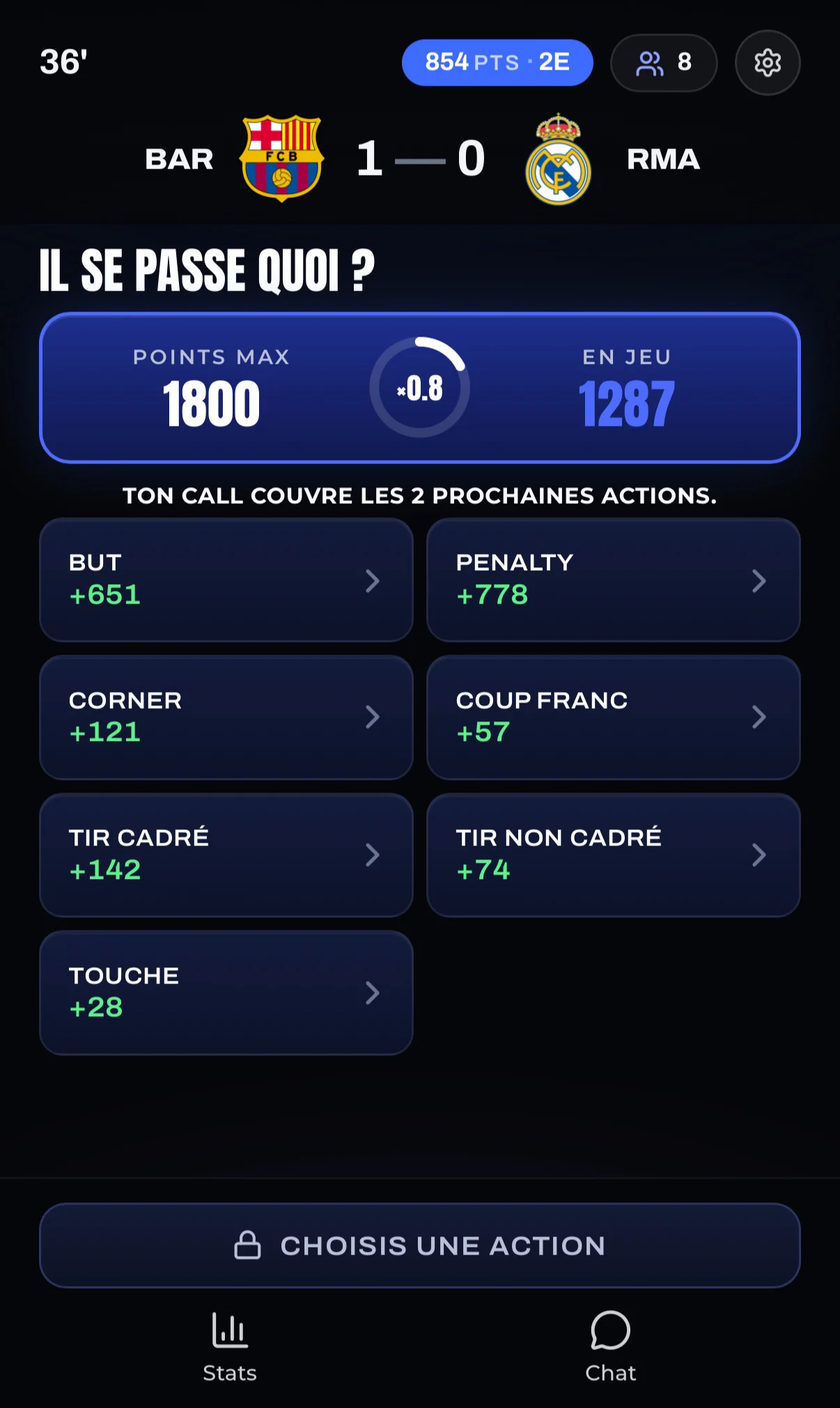 Écran Winble pendant un match, avec le score et les calls disponibles