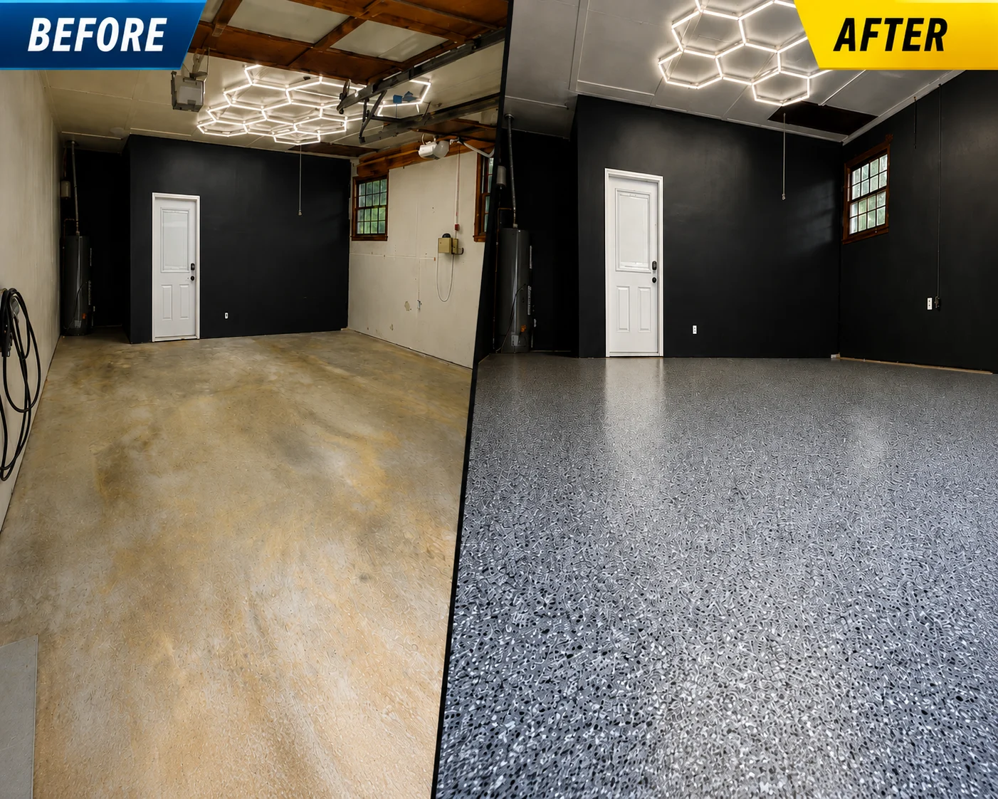 Before and after comparison of a bare garage floor upgraded with a gray speckled Garage Glow coating
